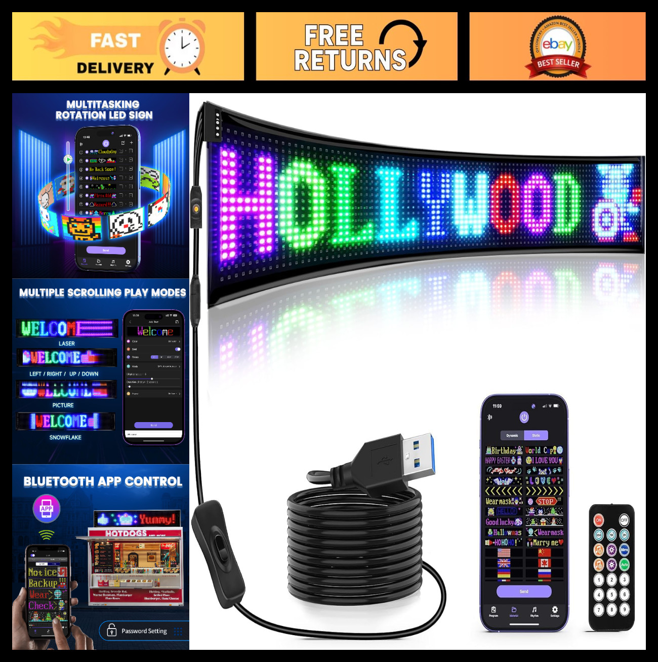 Large Programmable LED Sign 37″x8″ Flexible Indoor Display, Remote & Bluetooth C