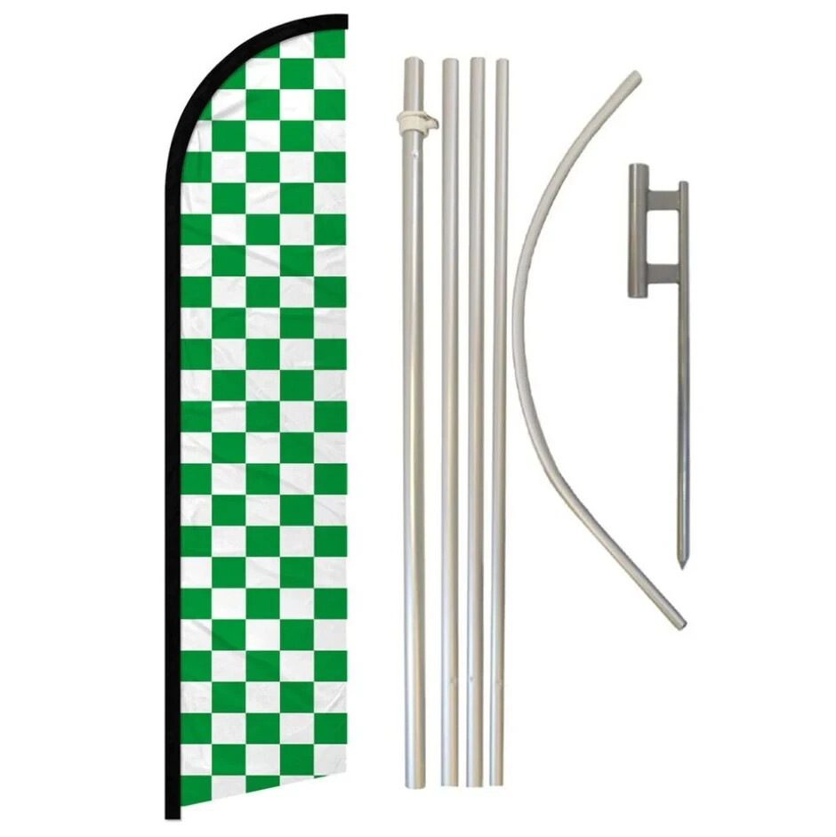 Green & White Checkered Windless Advertising Banner Flag & Pole Kit