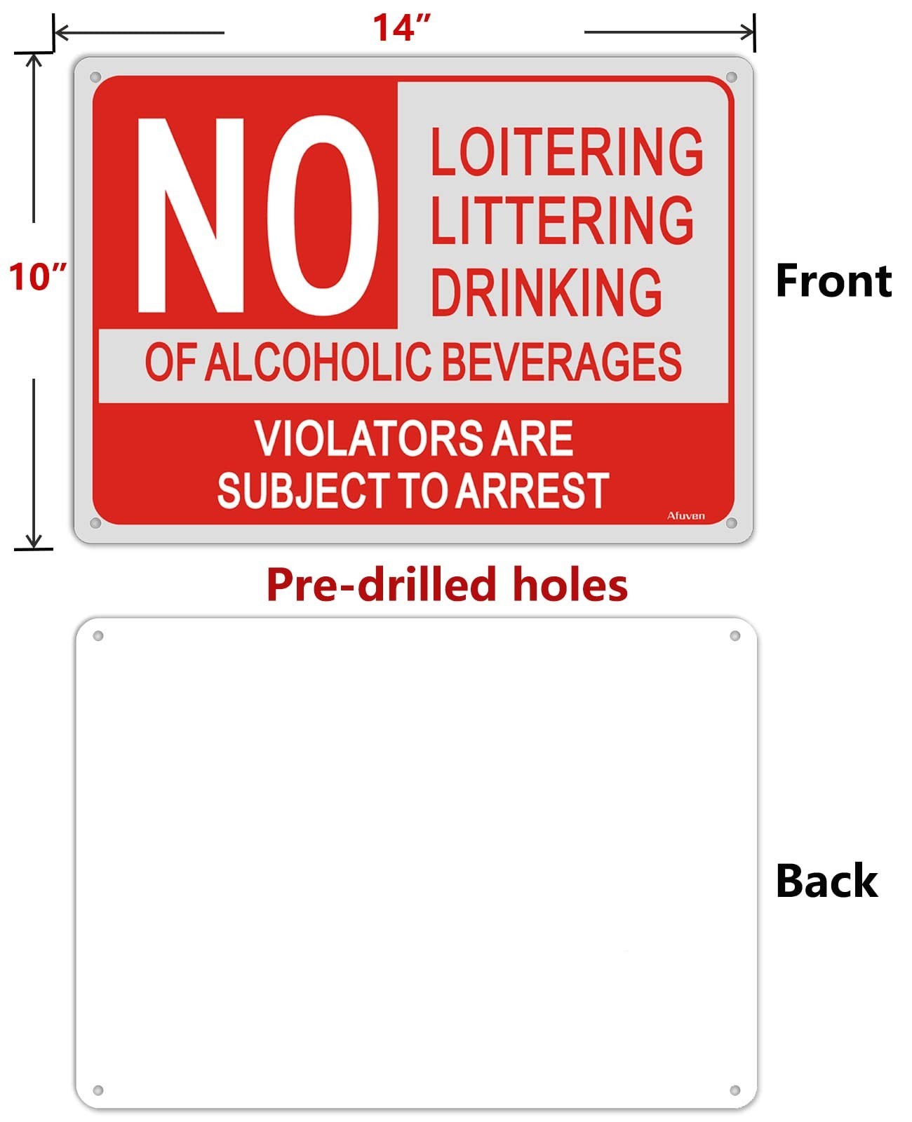 4 Pack No Loitering, No Littering, No Alcohol Signs – Metal Reflective 10″x14″ O