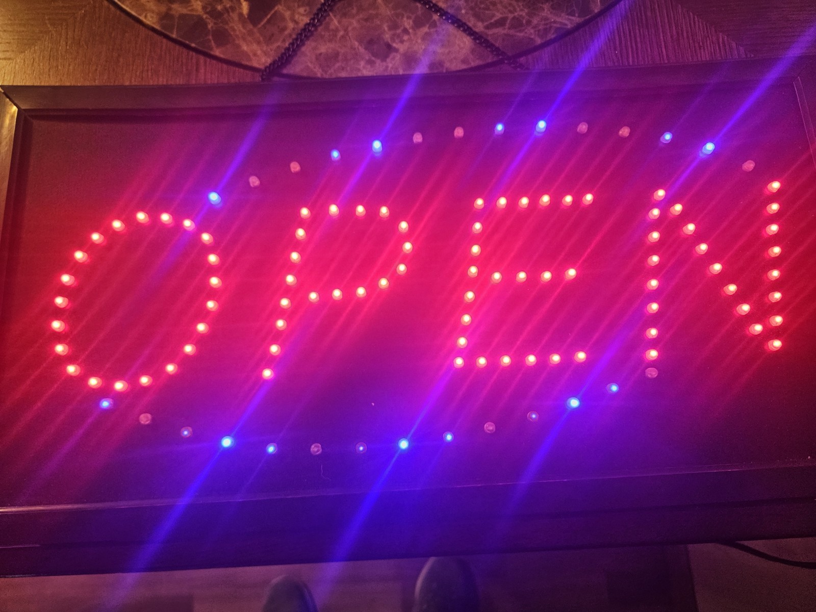 Black Frame w/Red & Blue LED Lights “OPEN” Sign 18.75″x10″w/Hanging Chain WORKS
