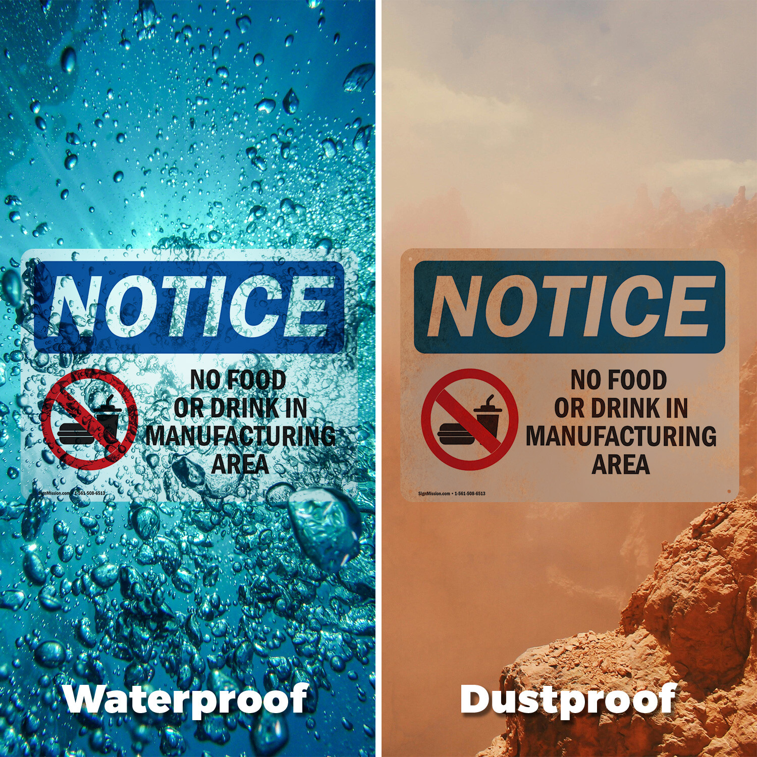 (2 Pack) No Food Or Drink In Manufacturing Area OSHA Notice Sign Decal Metal