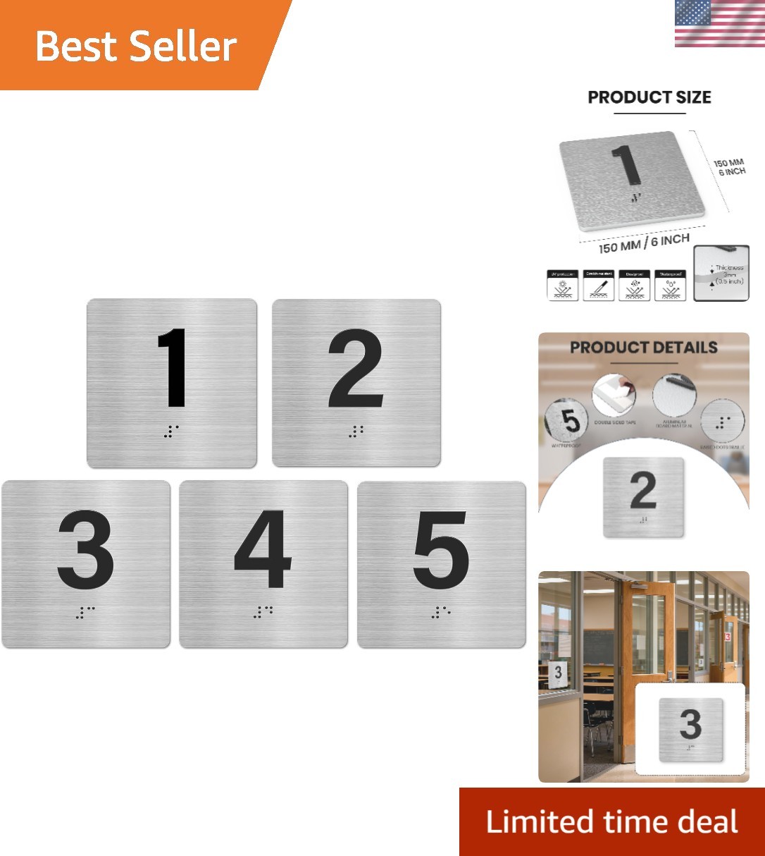 Easy Install 5-Pack 6×6 Room Number Signs with Braille for Offices & Schools