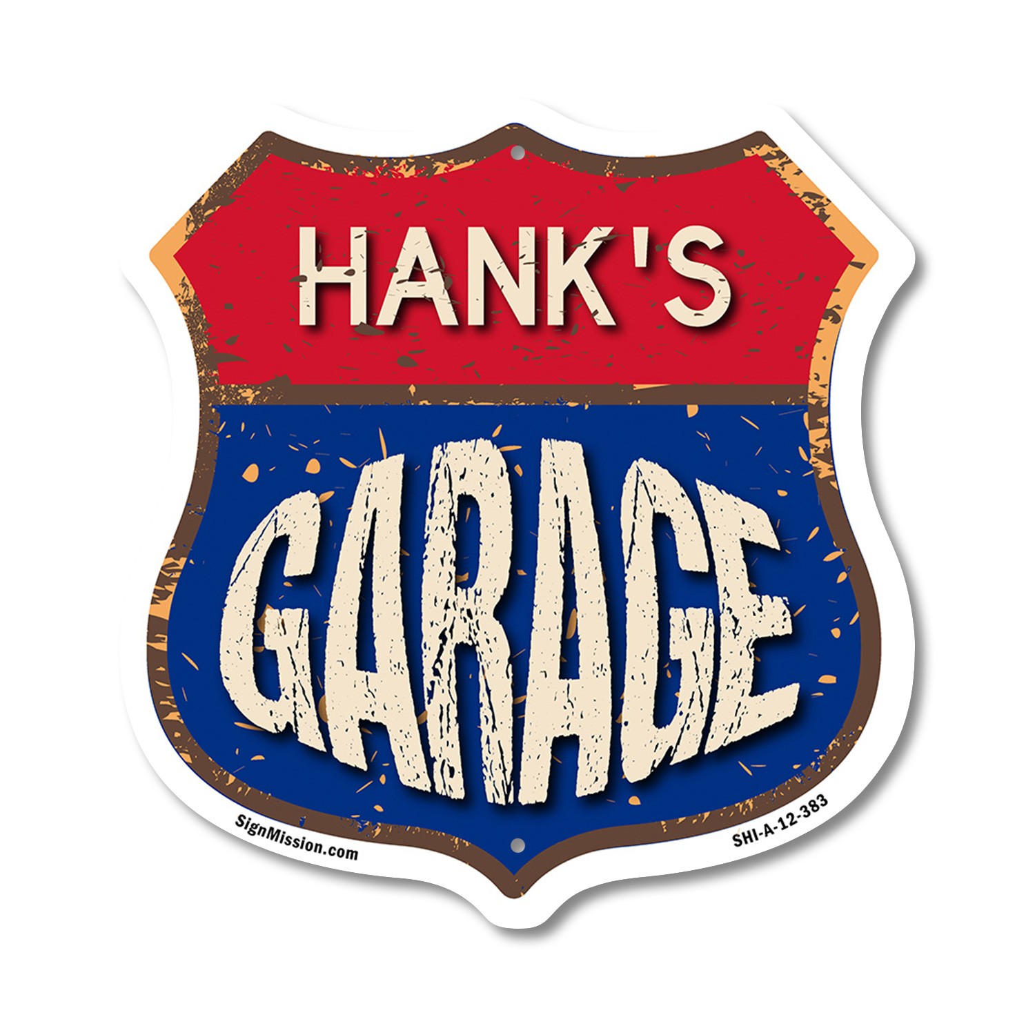 Hank’s Garage Shield Shaped Sign Weather Resistant Crafted in the USA