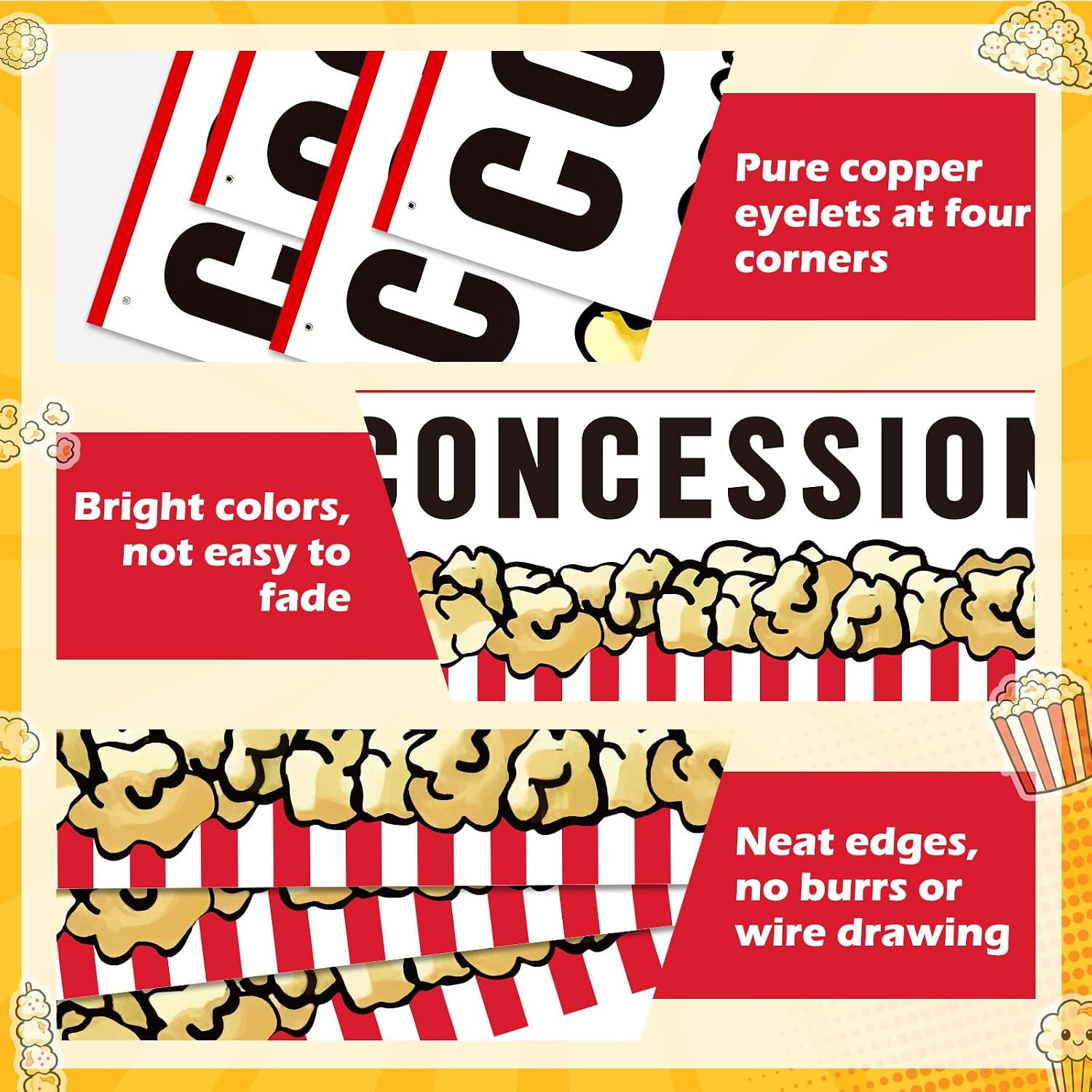 3X8 Ft Concessions Polyester Banner Sign with 4 Holes 1 Ribbon for Hang Indoor O