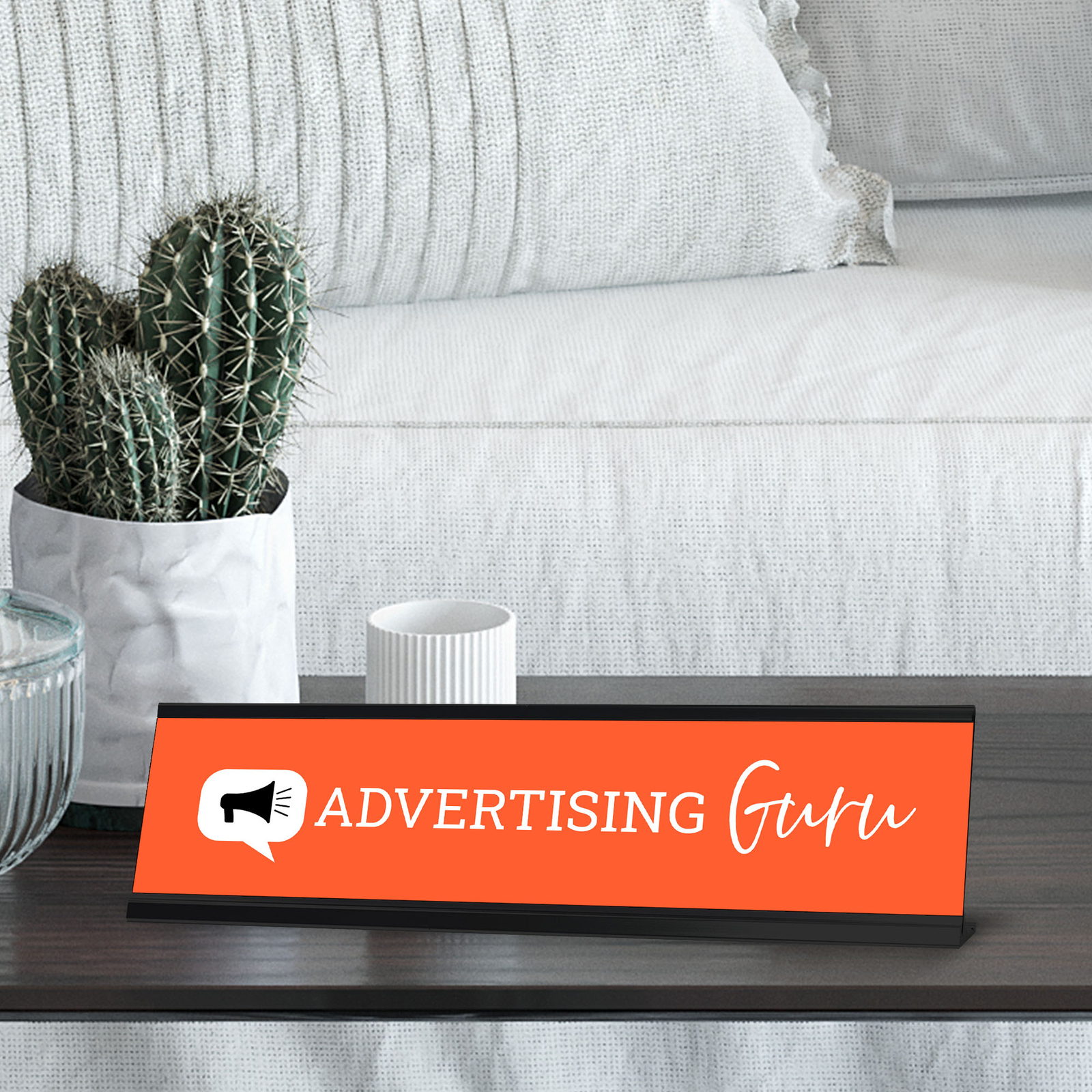 Advertising Guru, Orange Black Frame, Desk Sign (2 x 8″)