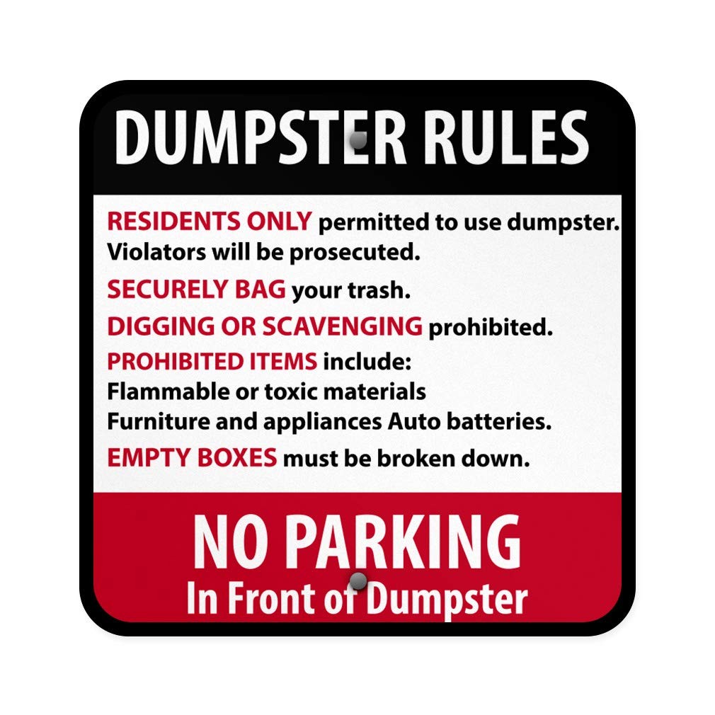 12×12 Inch Aluminum Metal Sign Dumpster Rules Residents Only Weatherproof