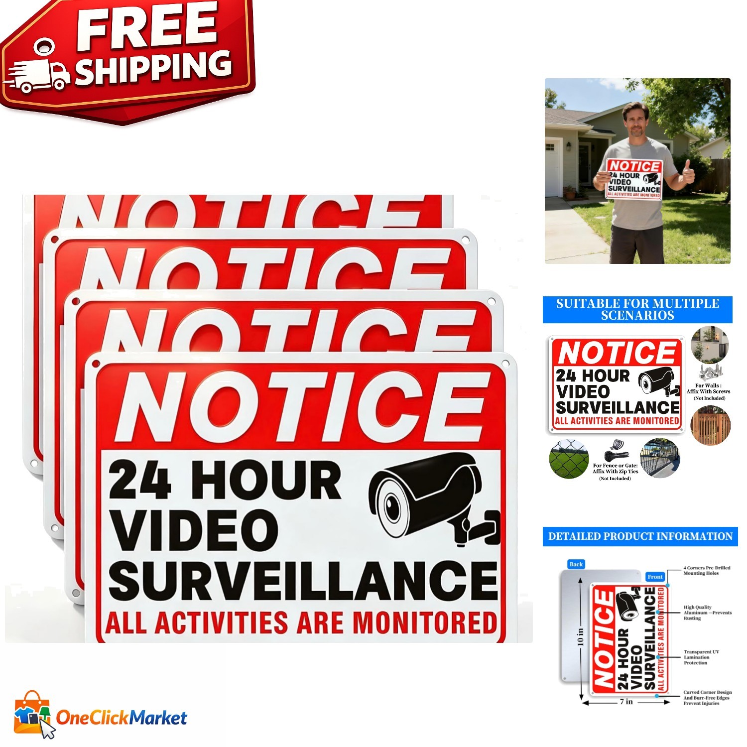 4 Pack Video Surveillance Signs, 10 x 7 Inch Aluminum Camera Signs, CCTV Securit