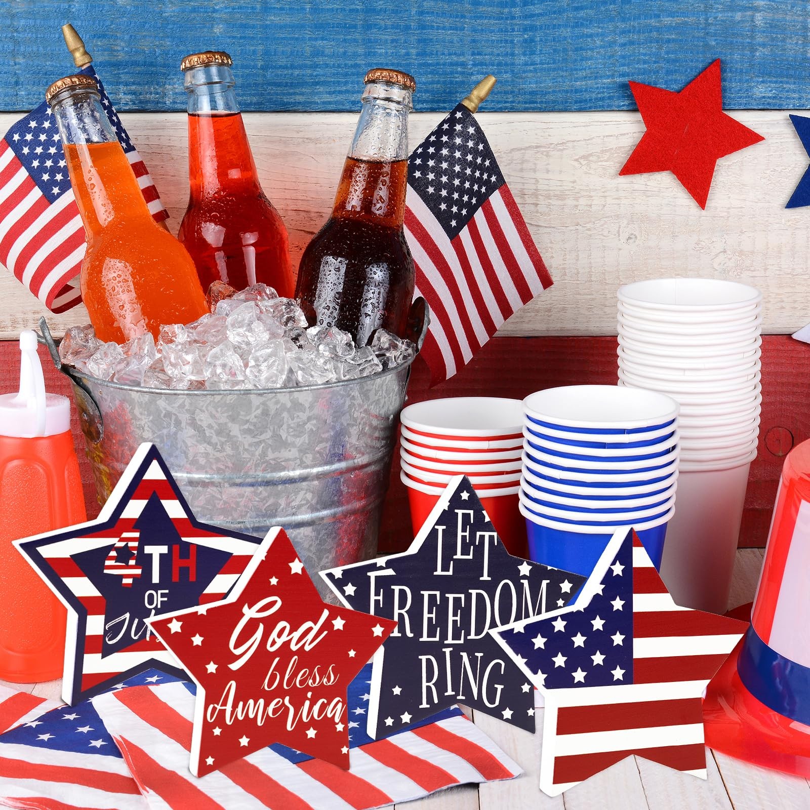 4th of July Decorations, 4 Pcs Wooden Star Signs Patriotic Wood Star Standing…