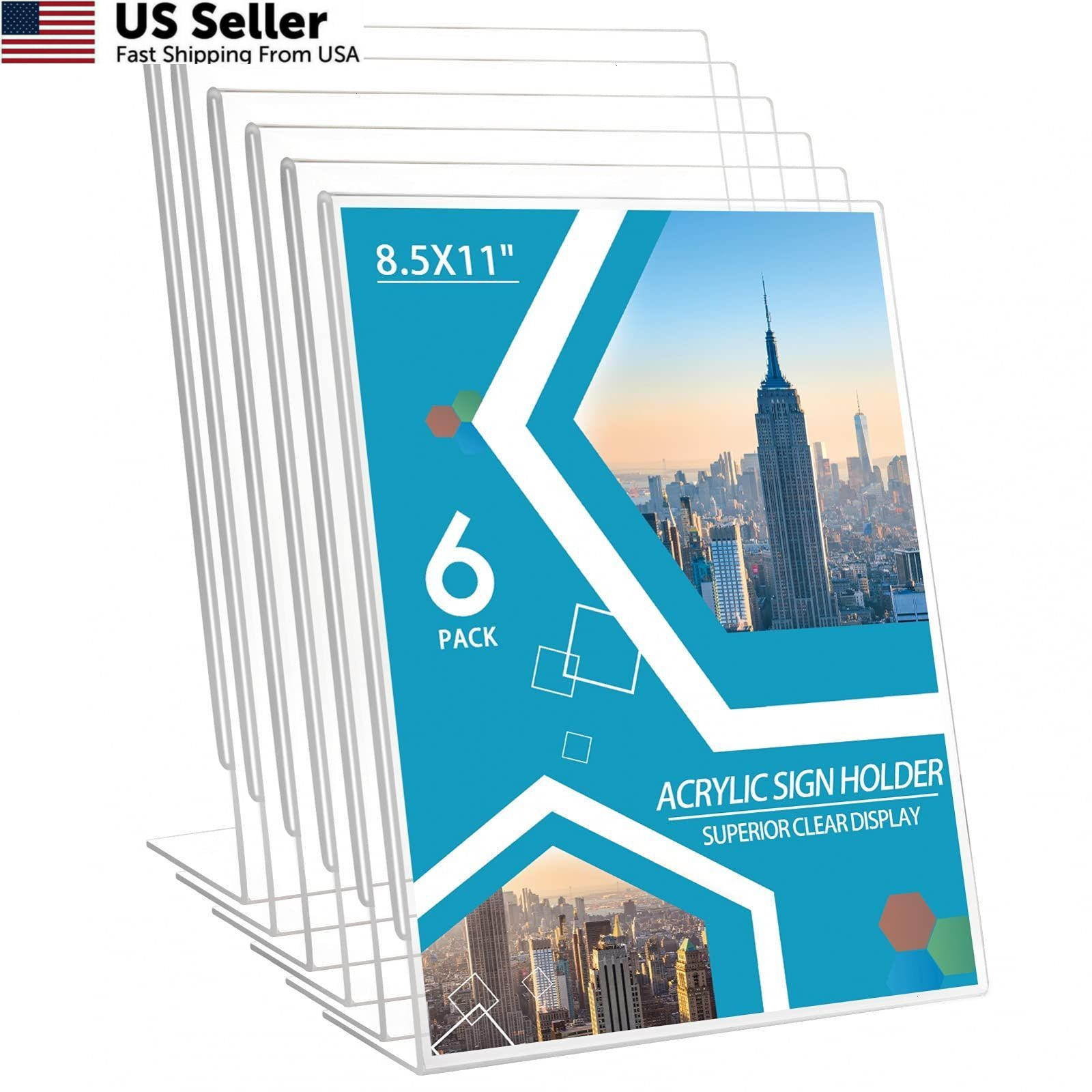 8.5×11 Acrylic Sign Holder 6 Pack Slant Back Clear Ad Frame Display Stand Office
