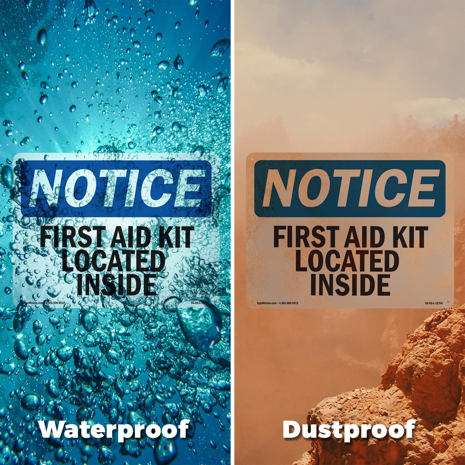 First Aid Kit Located Inside OSHA Notice Sign Metal, Plastic, Decal 5 or 10 Pack