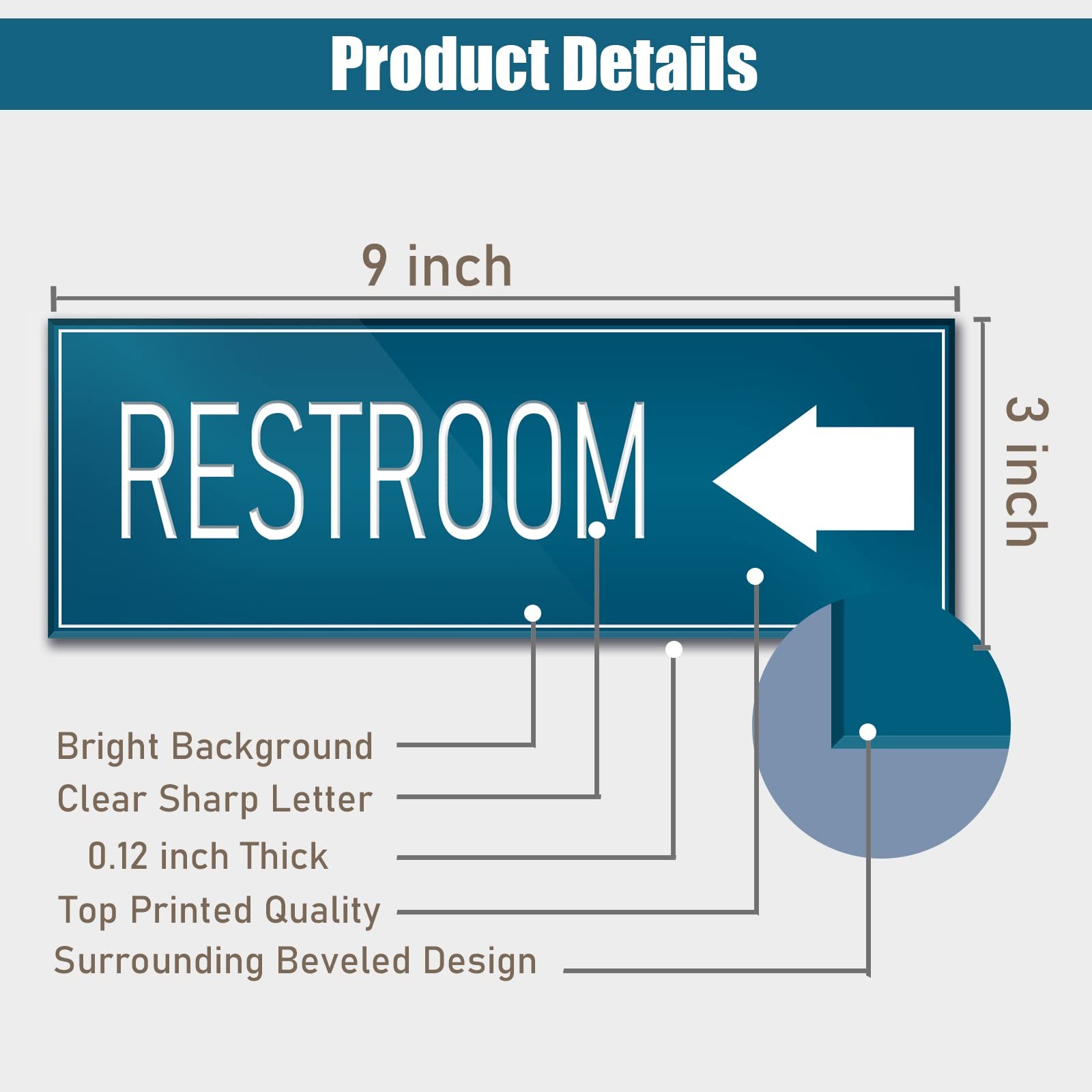 Blue 9×3 Inch Restroom Left Arrow Directional Sign SelfAdhesive Wall Signage