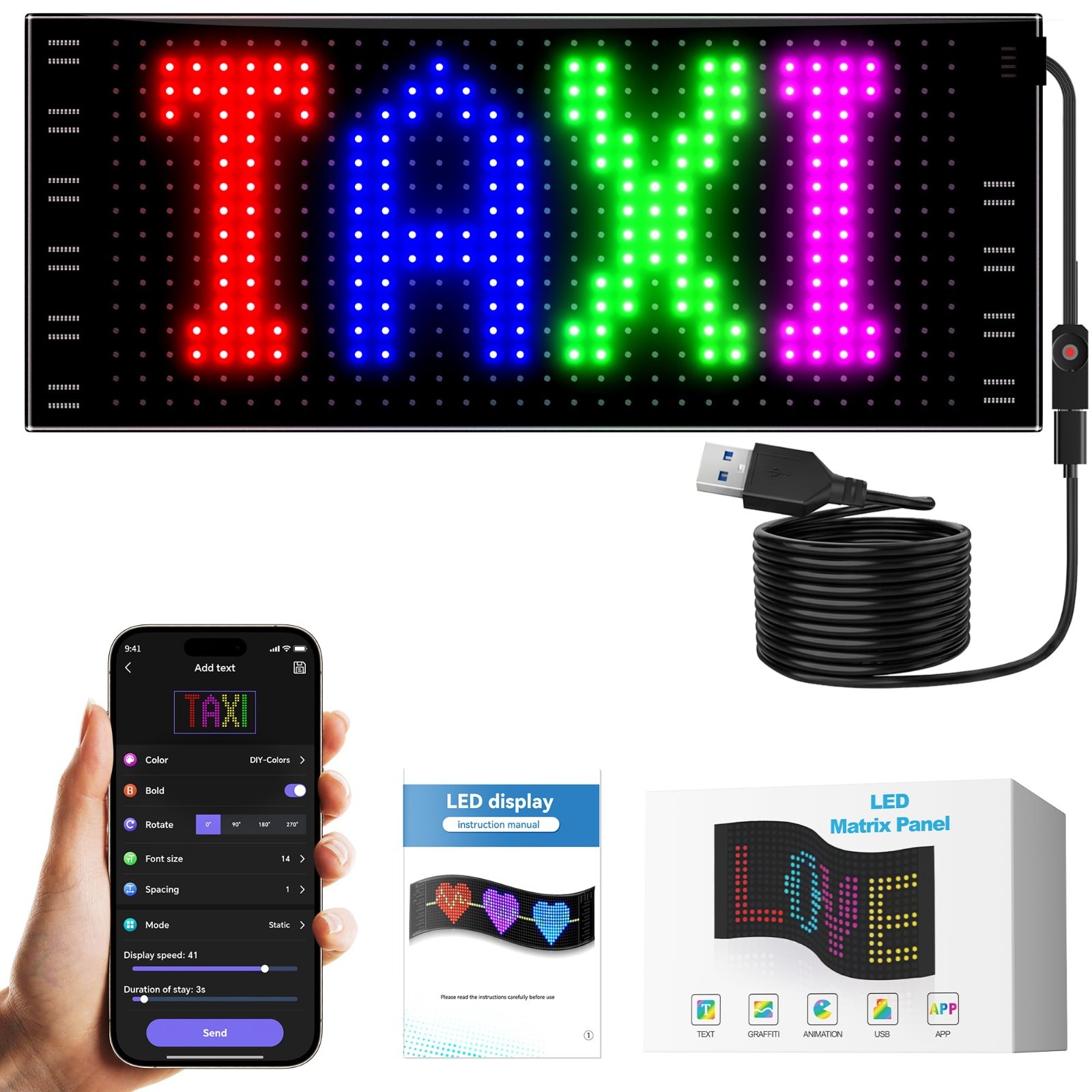 Programmable LED Car Windshield Sign | Bluetooth Custom Text & Animations | Taxi