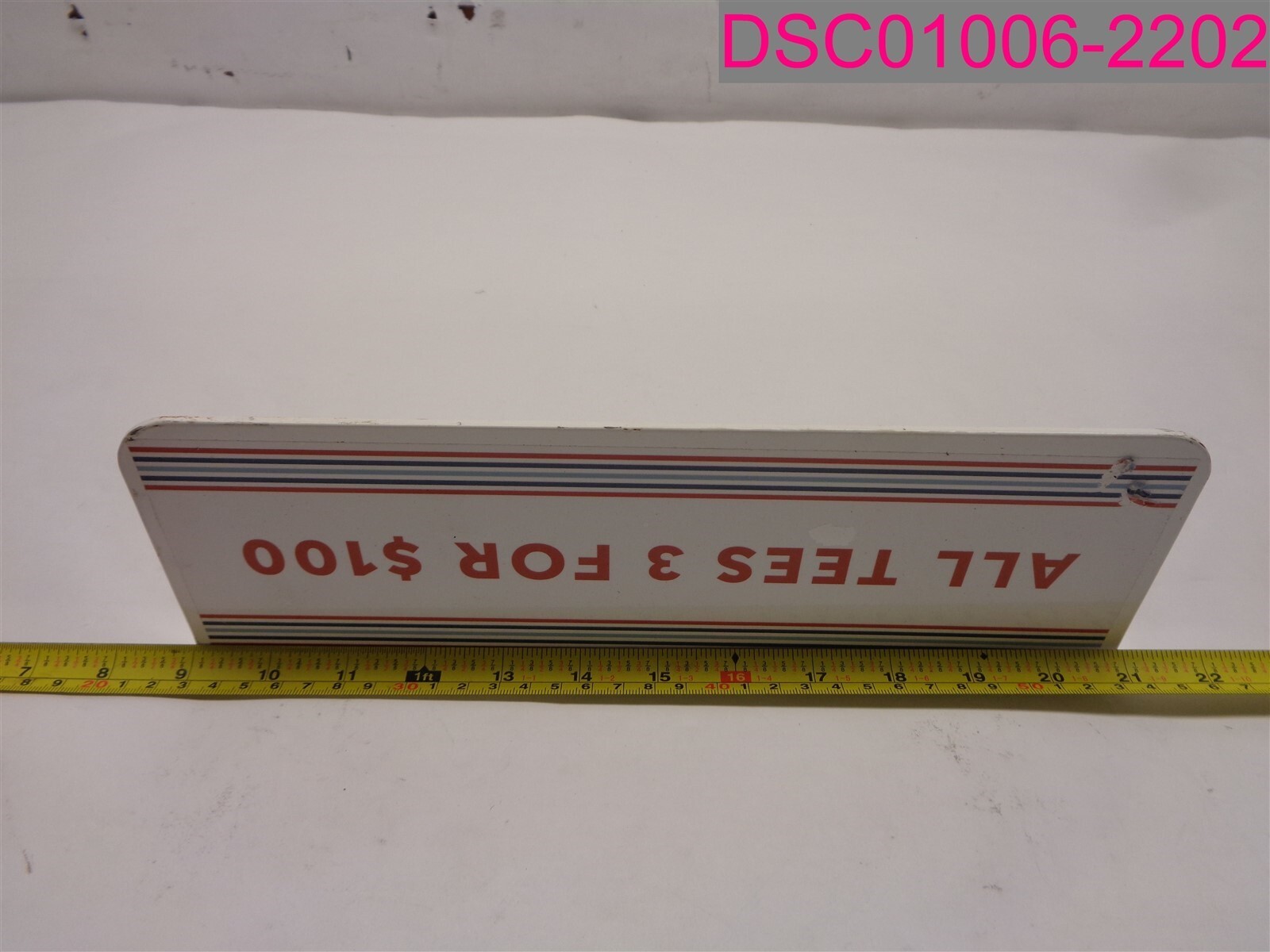 White Metal Retail Sign Shelf Advertisment “All Tees 3 for $100”. 12″x4″x4″