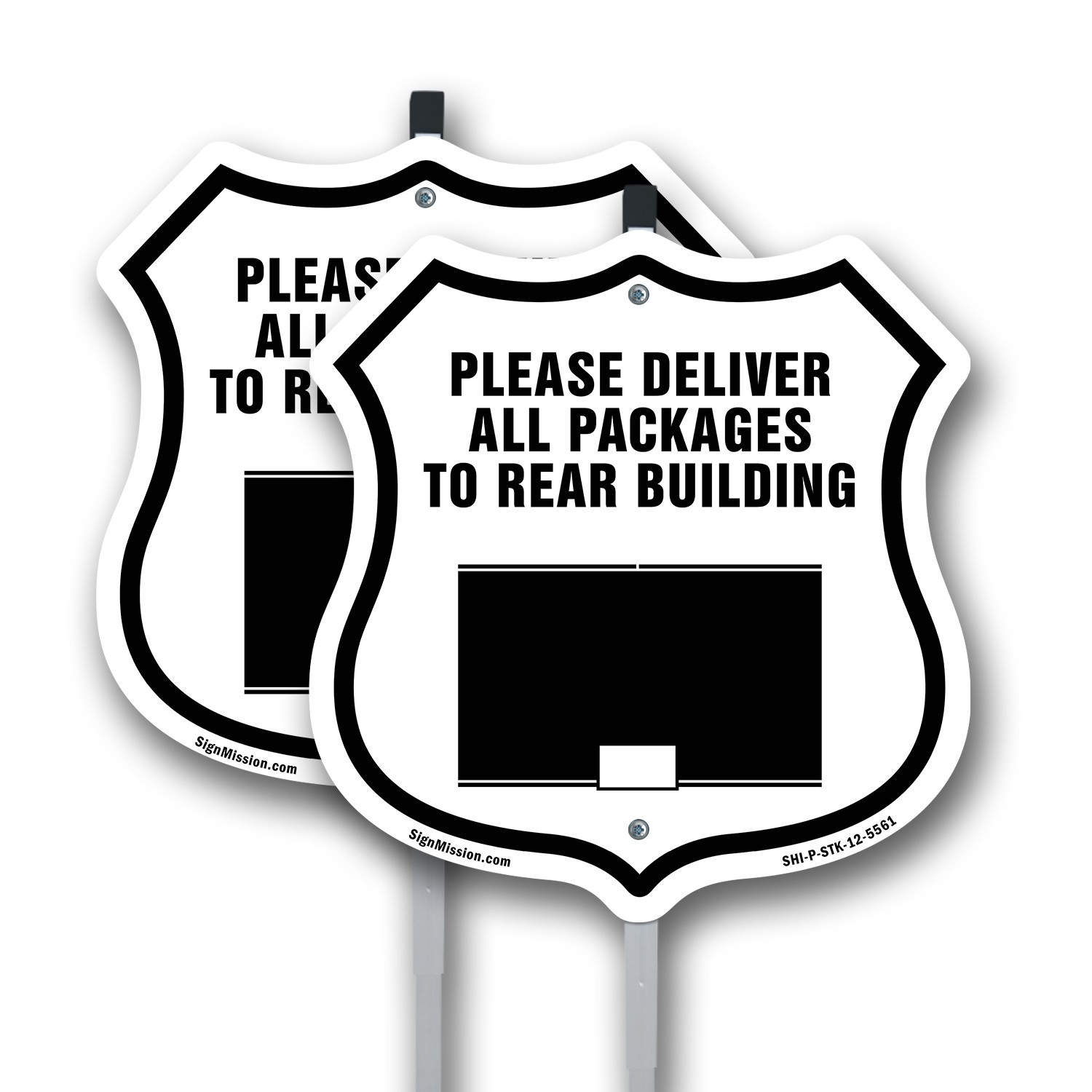 Please Deliver All Packages To Rear Shield Shaped Sign With Stake