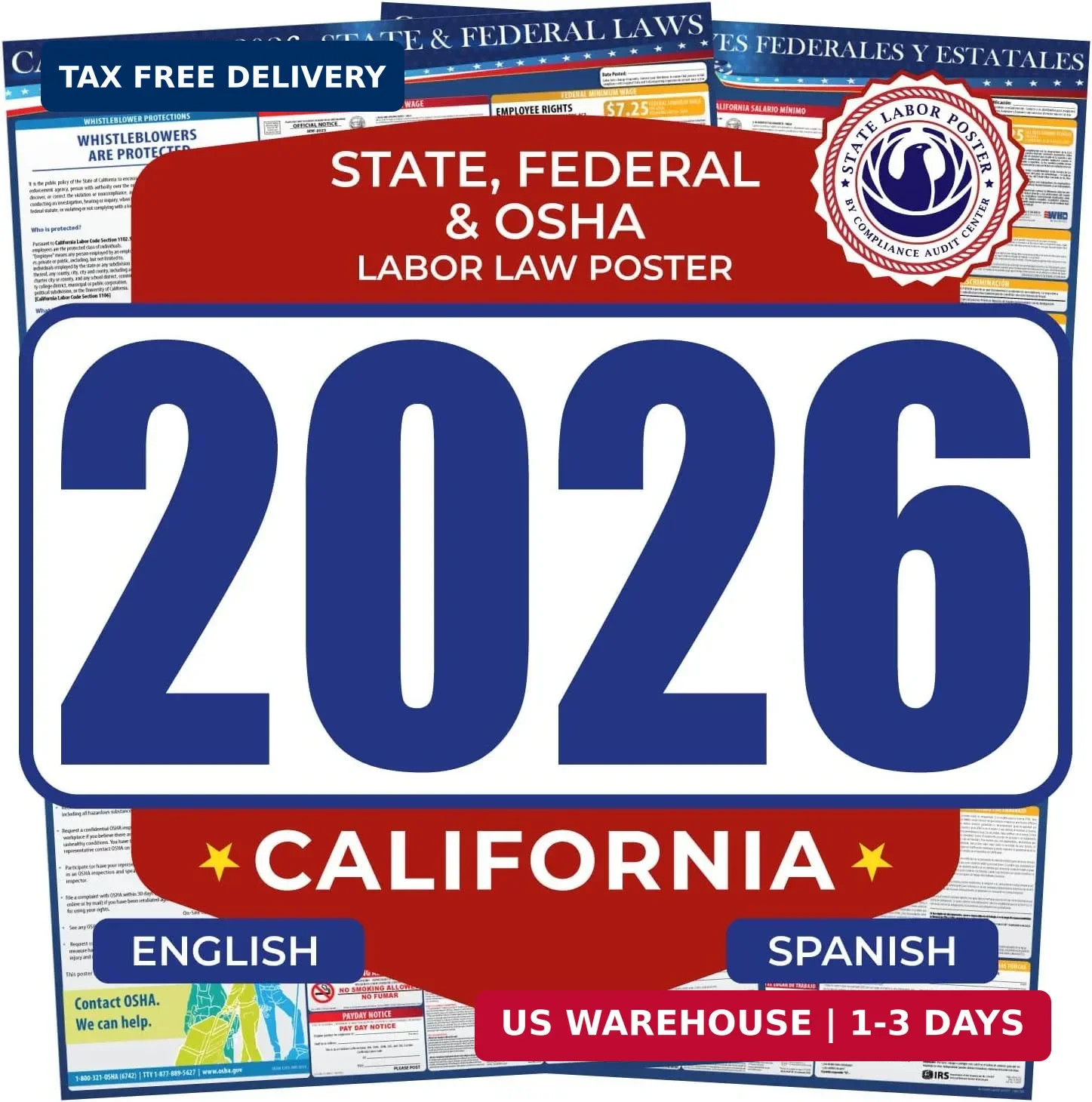 2026 California State & Federal Mandatory Labor Law Poster, OSHA Compliant (Comb