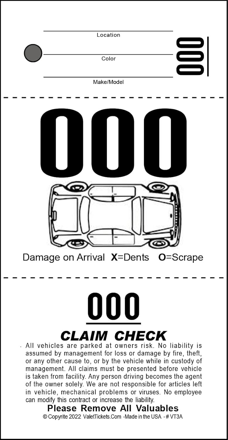 3 Part Valet Parking Tickets (1000 Tickets) on 110lb Card Stock 1000, White