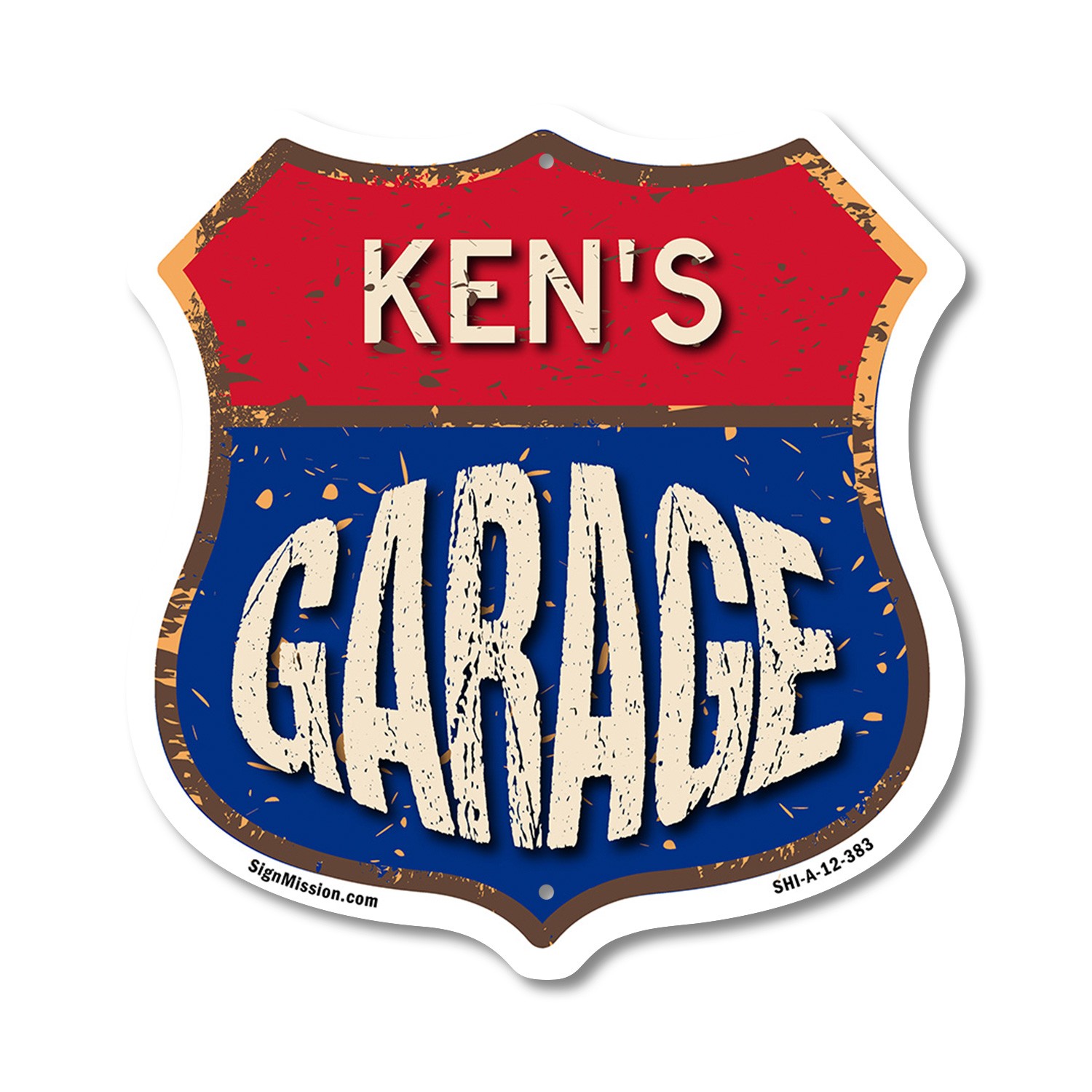 Ken’s Garage Shield Shaped Sign Weather Resistant Crafted in the USA