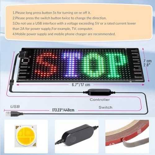 LED Sign for Car 7×3 Inch Flexible USB 5V Bluetooth App Control Programmable