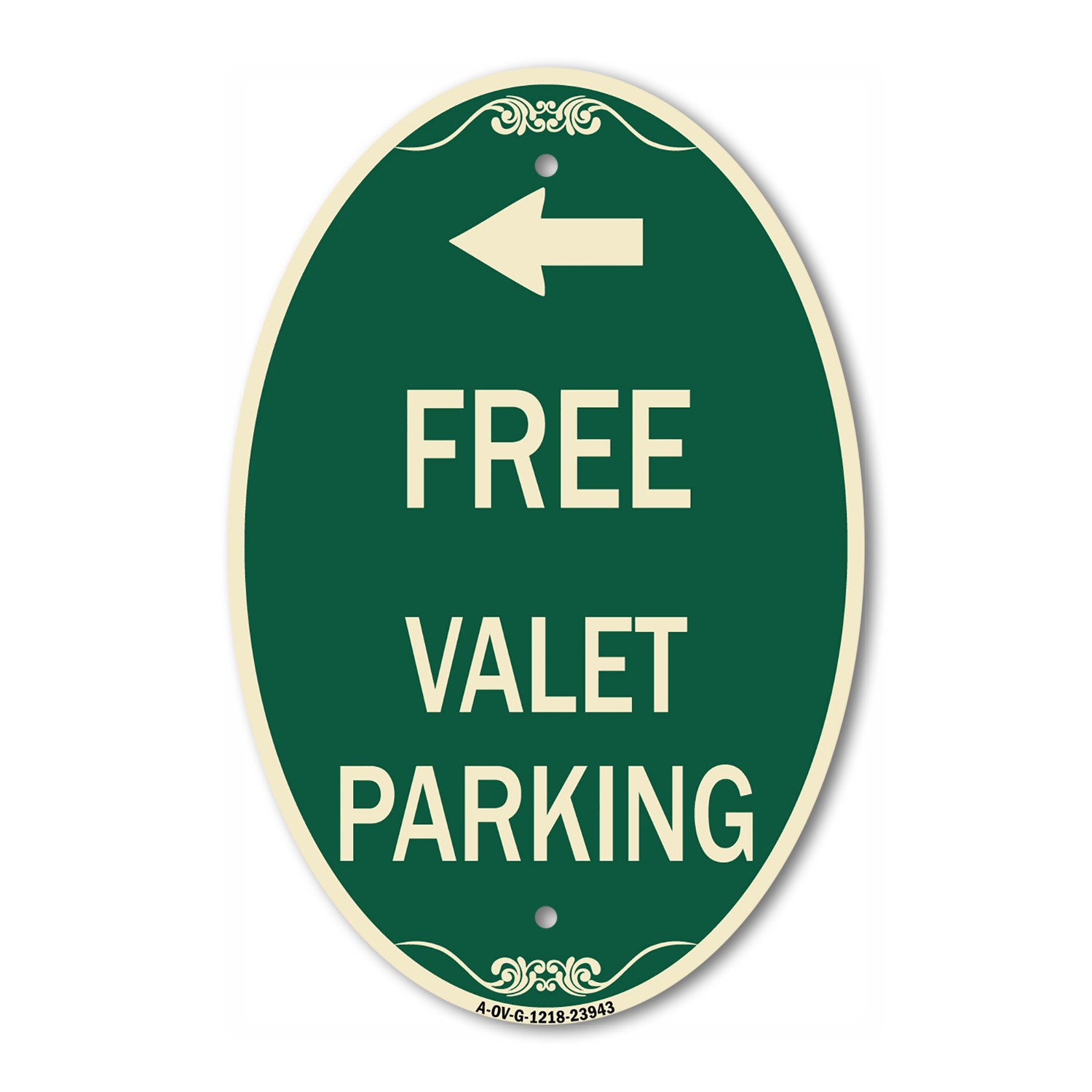 Free Valet Parking with Left Arrow 12″ x 18″ Green & Tan Aluminum Oval Sign