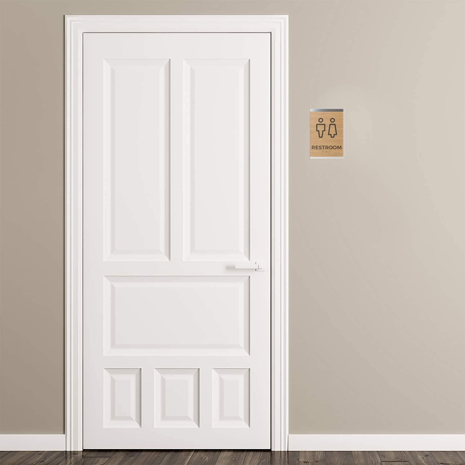 Men Women ADA Unisex Restroom Bathroom Sign Braille 6×9 Inch Oak Woodgrain