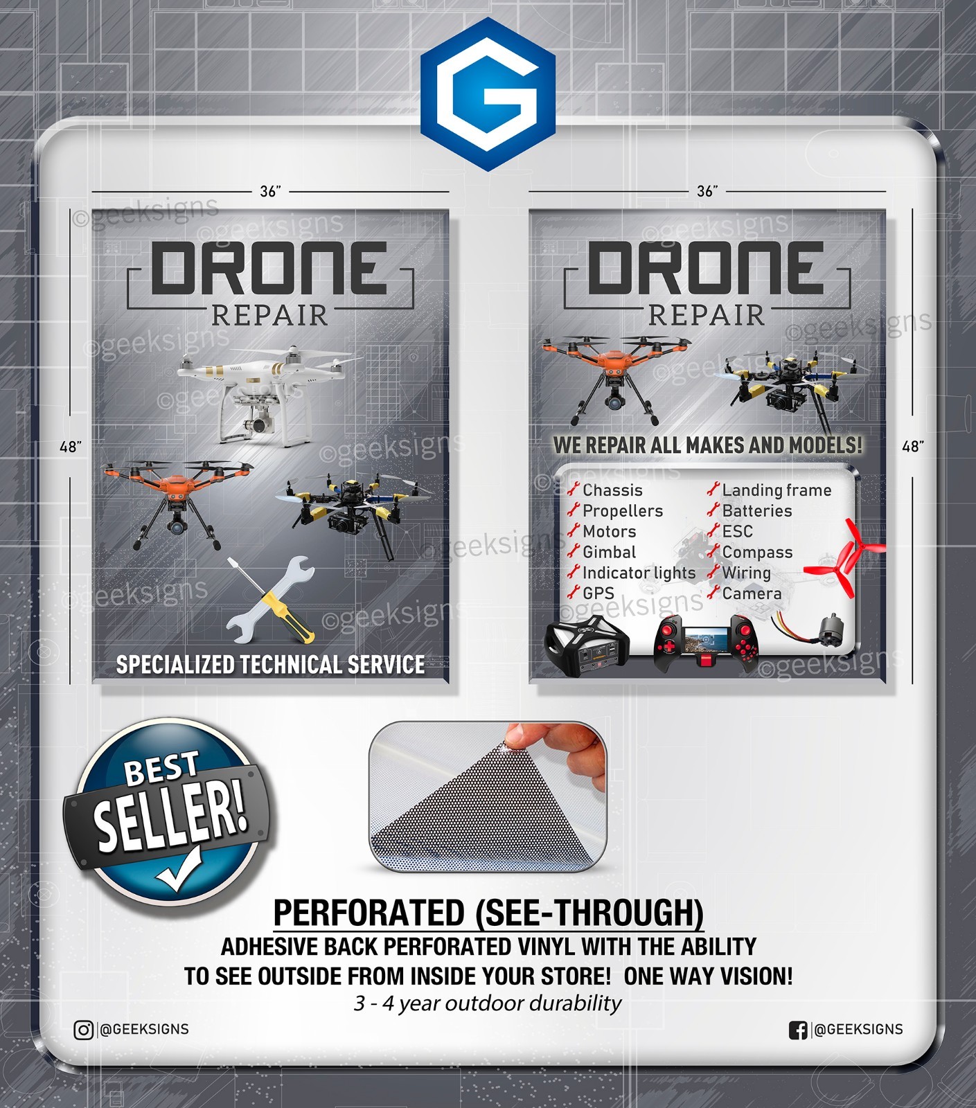 Drone repair service parts retail window graphics decal sign banner