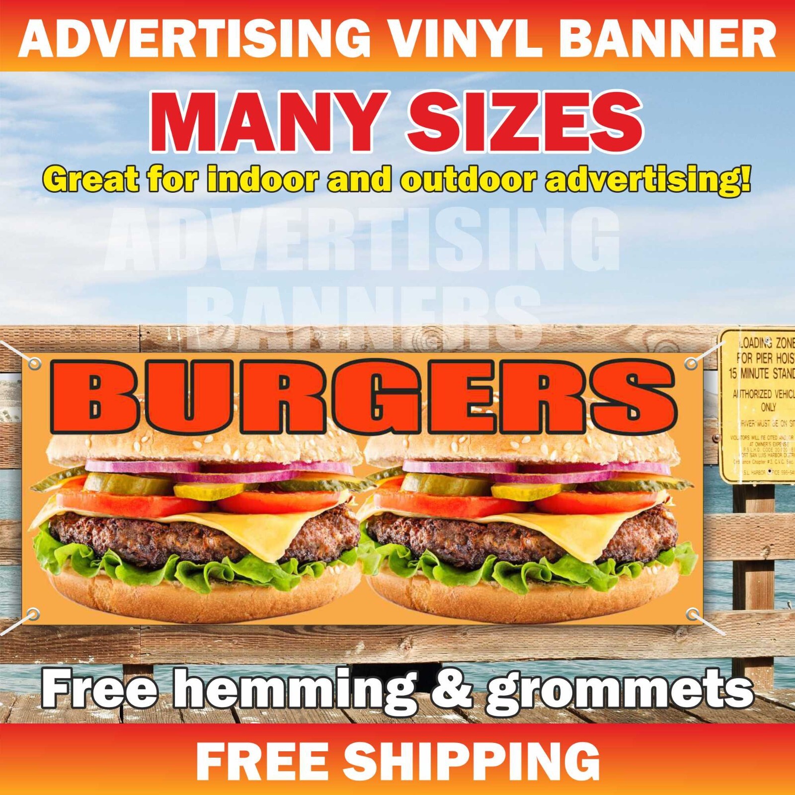BURGERS Advertising Banner Vinyl Mesh Sign Cheesecake Food Restaurant Bar Cafe