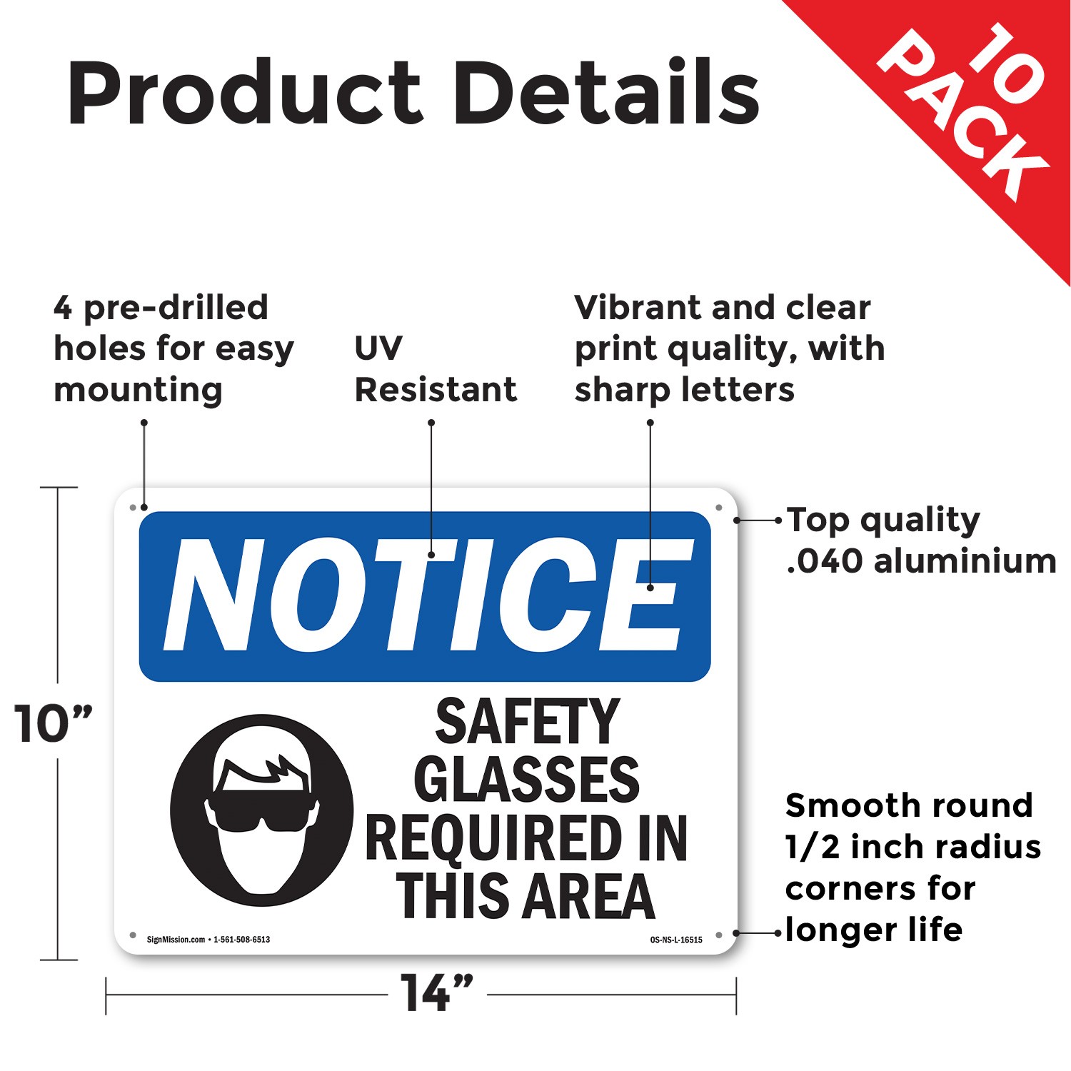 Safety Glasses Required In This Area OSHA Notice Sign Or Decal – 5 or 10 Pack