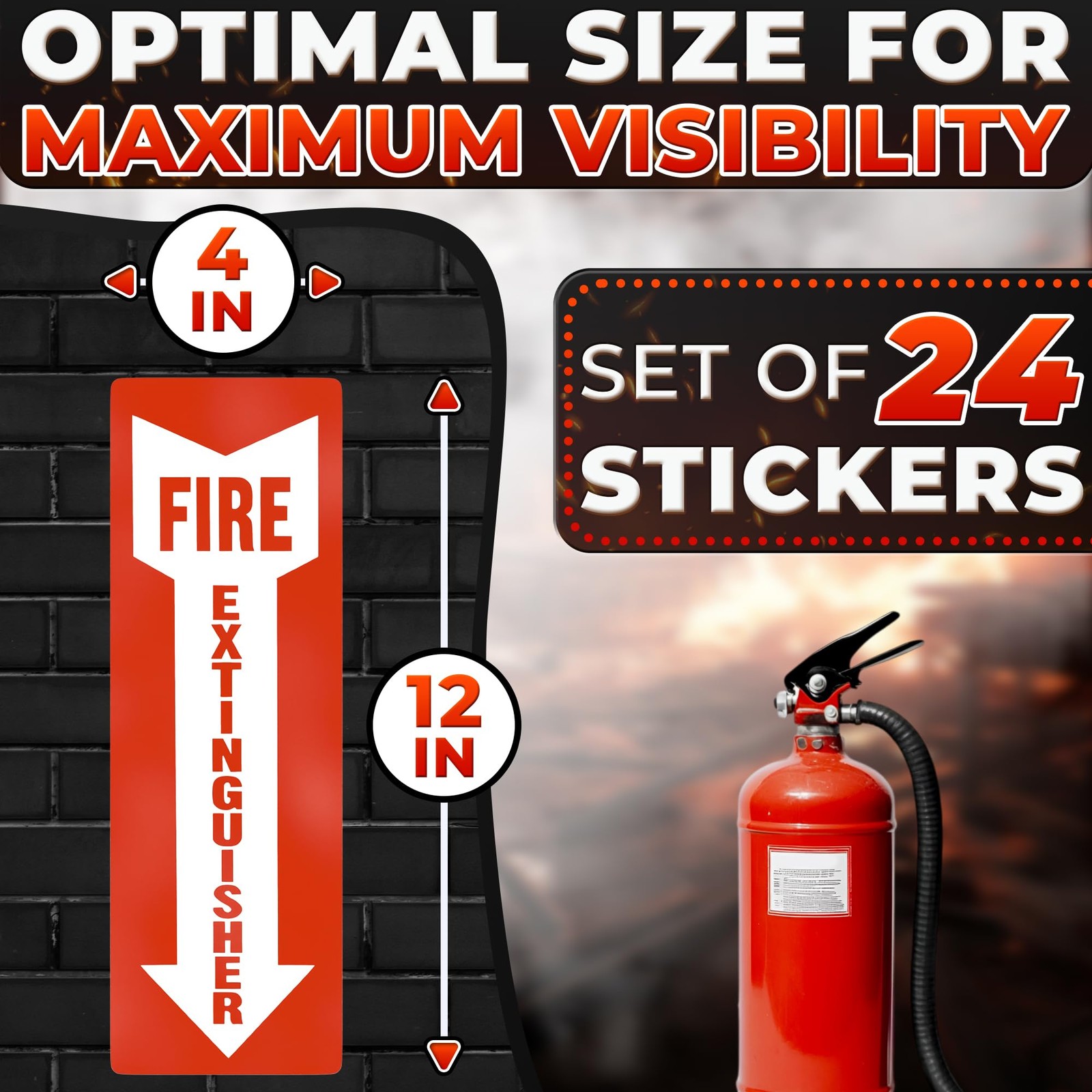 24 Pack Fire Extinguisher Stickers, 4 x 11.8 Inch Vinyl Signs Red