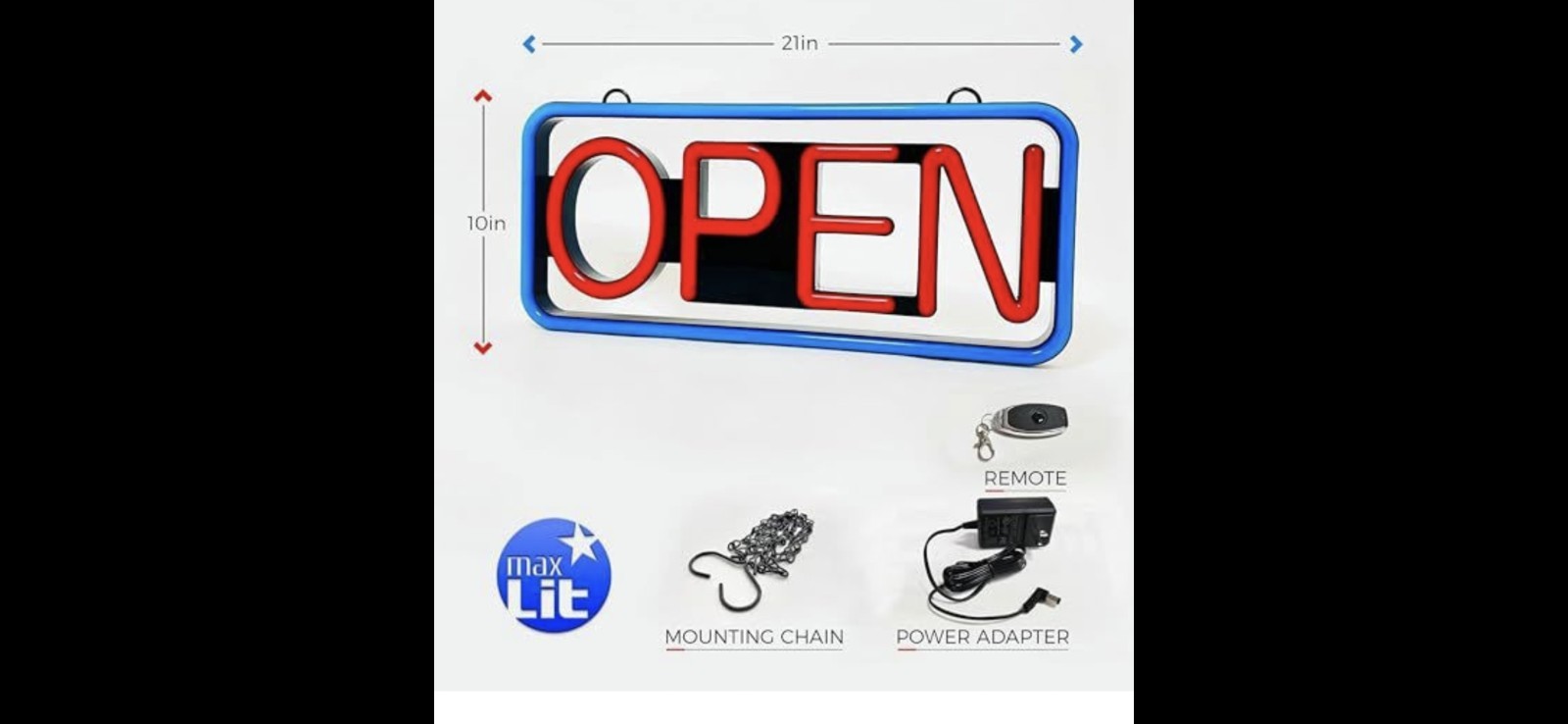 MaxLit LED Lighted Hanging “OPEN” Sign Red/Blue 21×10 Remote Hardware Chain