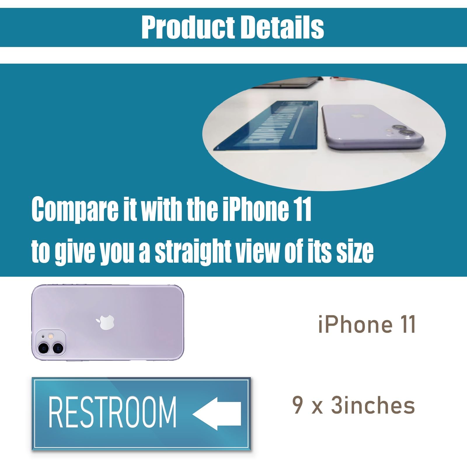 9×3 Inch Restroom Left Arrow Directional Sign SelfAdhesive Blue Signage