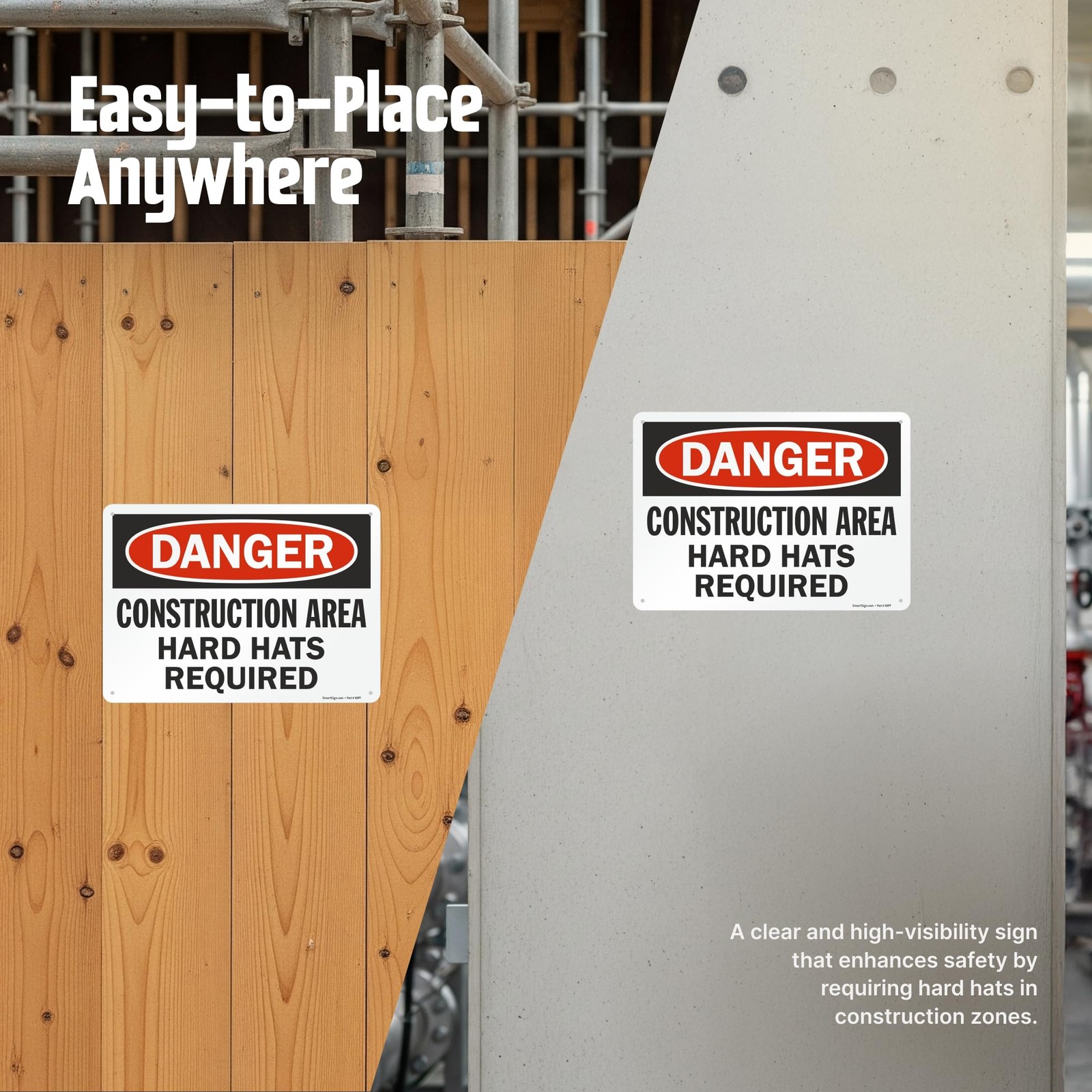 U91386NA 10×14 Inch Danger Construction Area Hard Hats Required Metal Sign