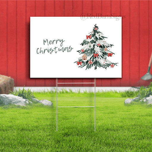 Merry Christmas white watercolor christmas tree yard sign