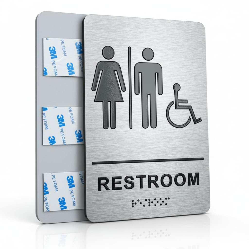 Unisex Restroom Signs for Business, Brushed Aluminum All Gender Bathroom Sign…