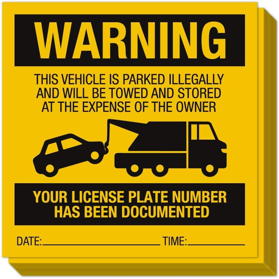 Illegally Parked Warning Stickers (Pack of 25) | Tow Away Warning Sign for Illeg