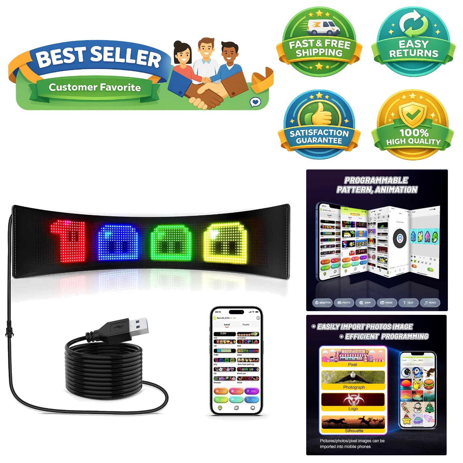 27”x5” Full-Color Programmable LED Sign – Custom Bluetooth Display for Events