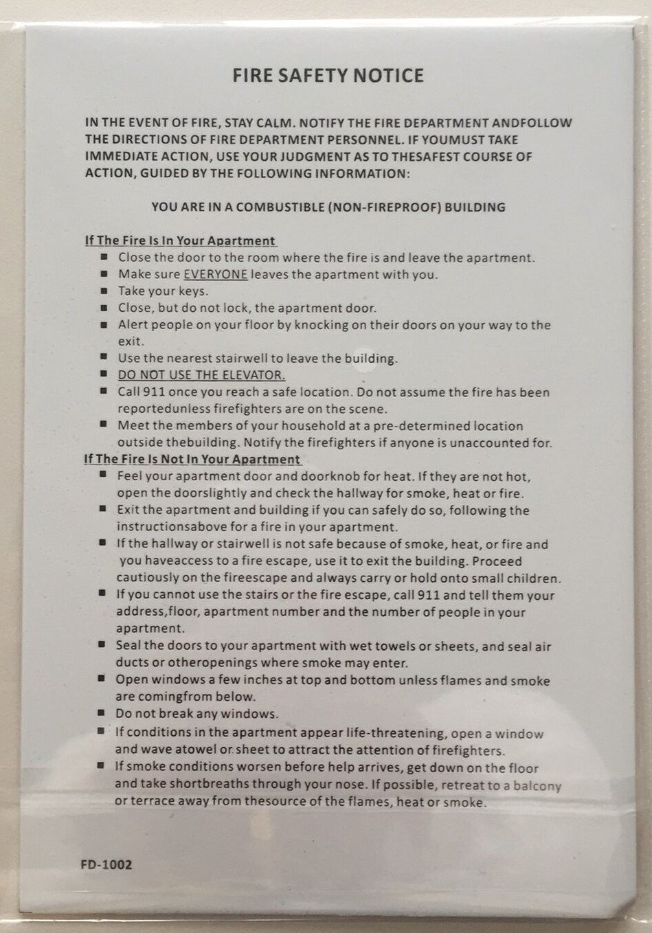 “Fire Safety Notice” SIGN- Non Fire Proof building ( Aluminum Sign,8-1/2)