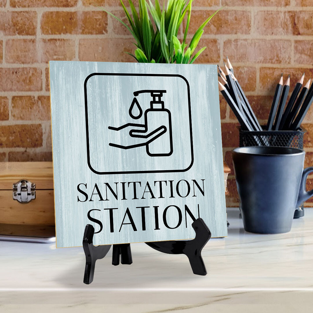 Sanitation Station 5″x 5″ Square Table Sign With Acrylic Easel | Restrooms Décor