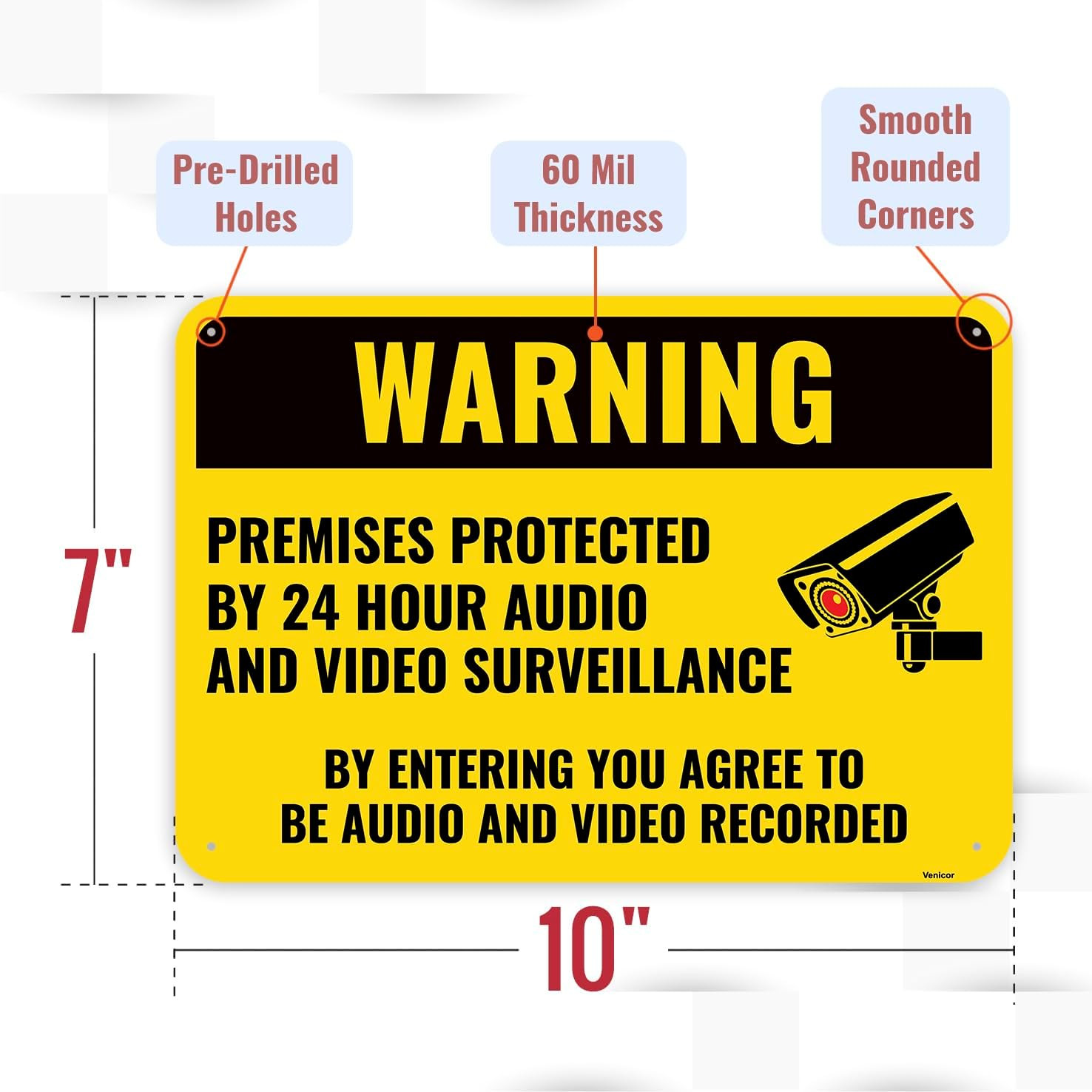 1PC Warning Video and Audio Surveillance Recording Sign, 10 x 7 Inches – Aluminu