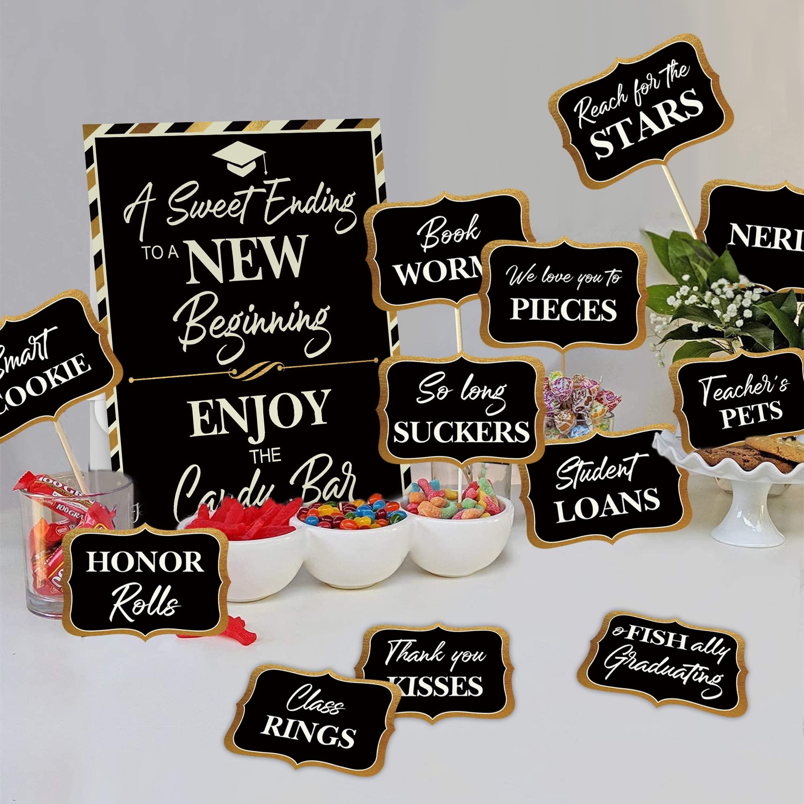 Graduation Candy Buffet Signs Black Gold Party Bar Dessert Food Decoration
