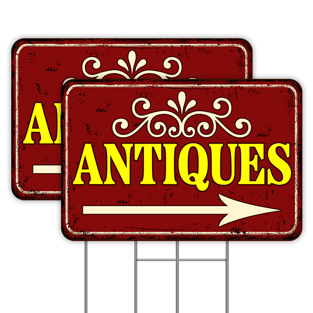 Antiques (Arrow) 2 Pack Double-Sided Yard Signs 16″ x 24″ with Metal Stakes (Mad