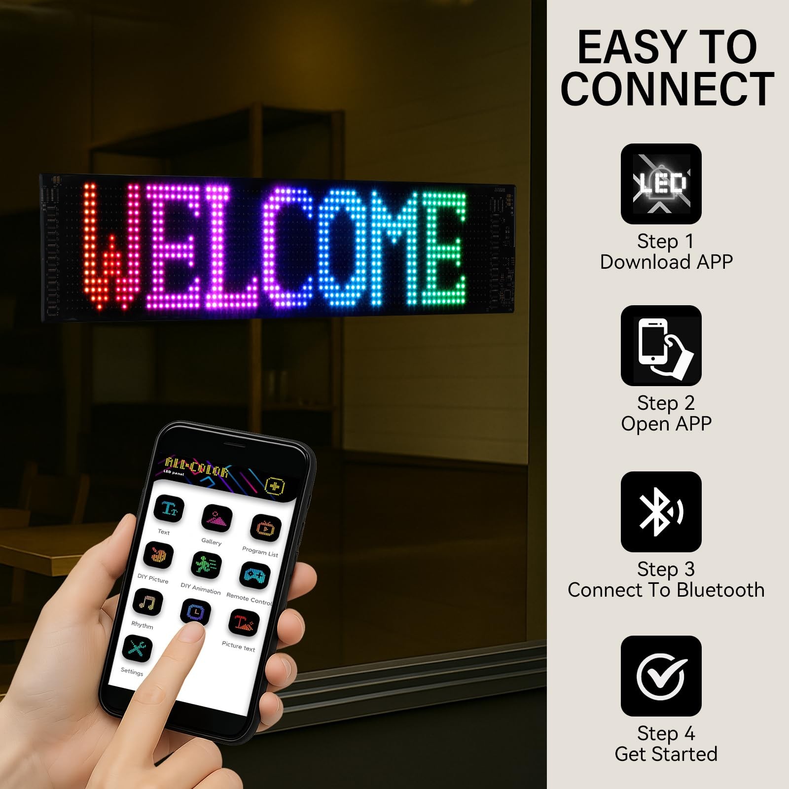 24”x5” Programmable LED Sign with Bluetooth Control, Flexible Scrolling LED Si