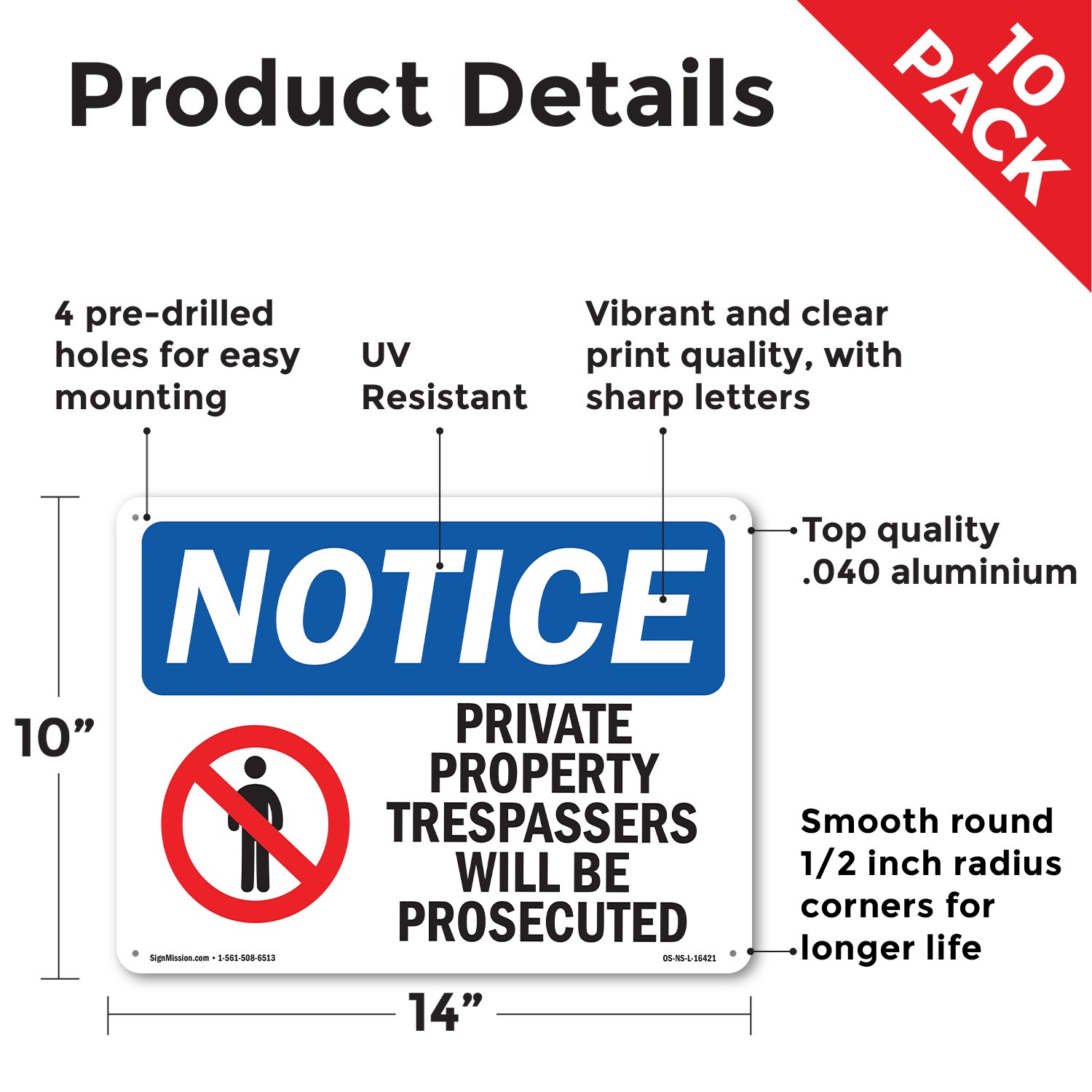 Private Property Trespassers Prosecuted OSHA Notice Sign Or Decal – 5 or 10 Pack