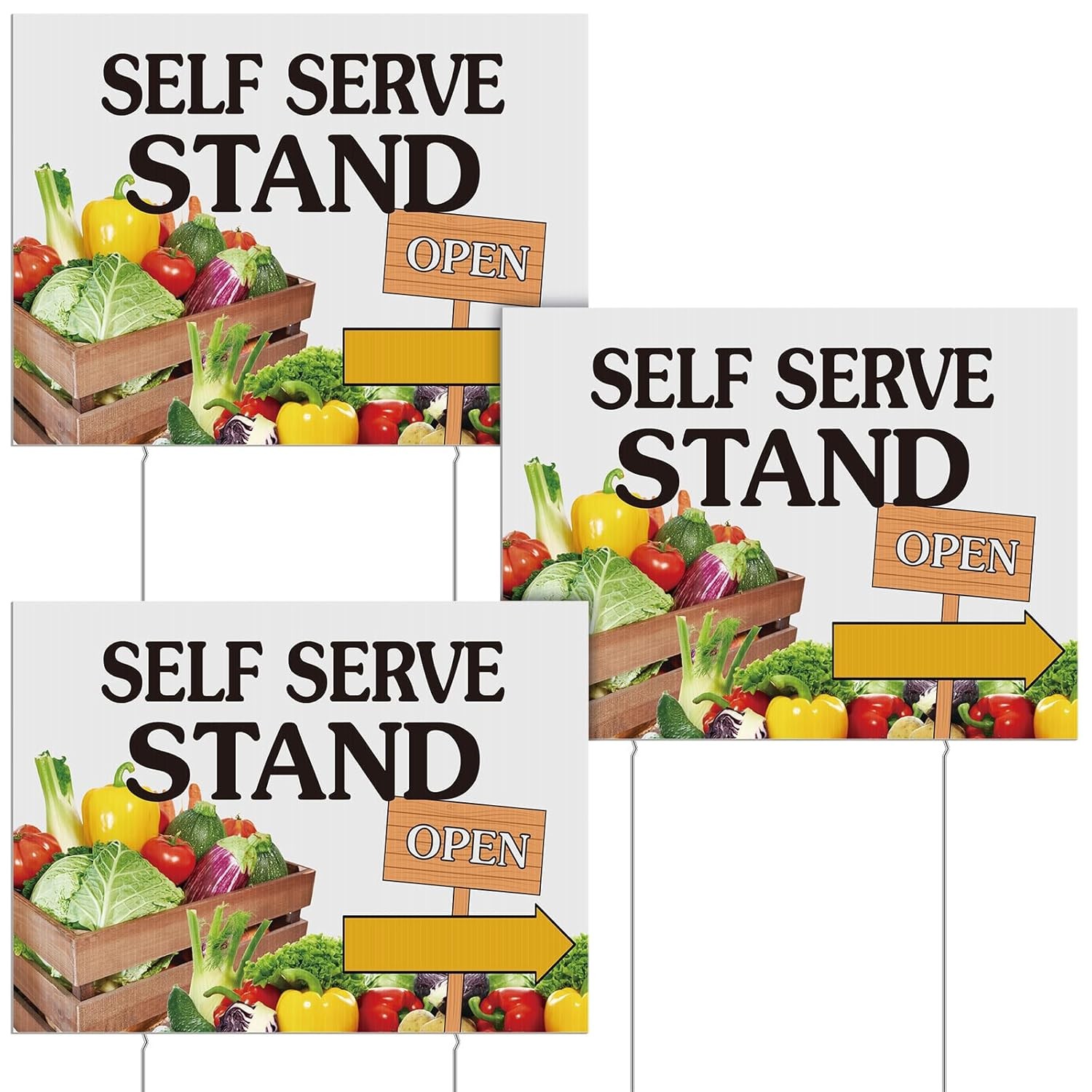 3 Pcs Self Serve Stand Sign with Metal Ground Stakes 12 x 16 Inch Vegetable Sign