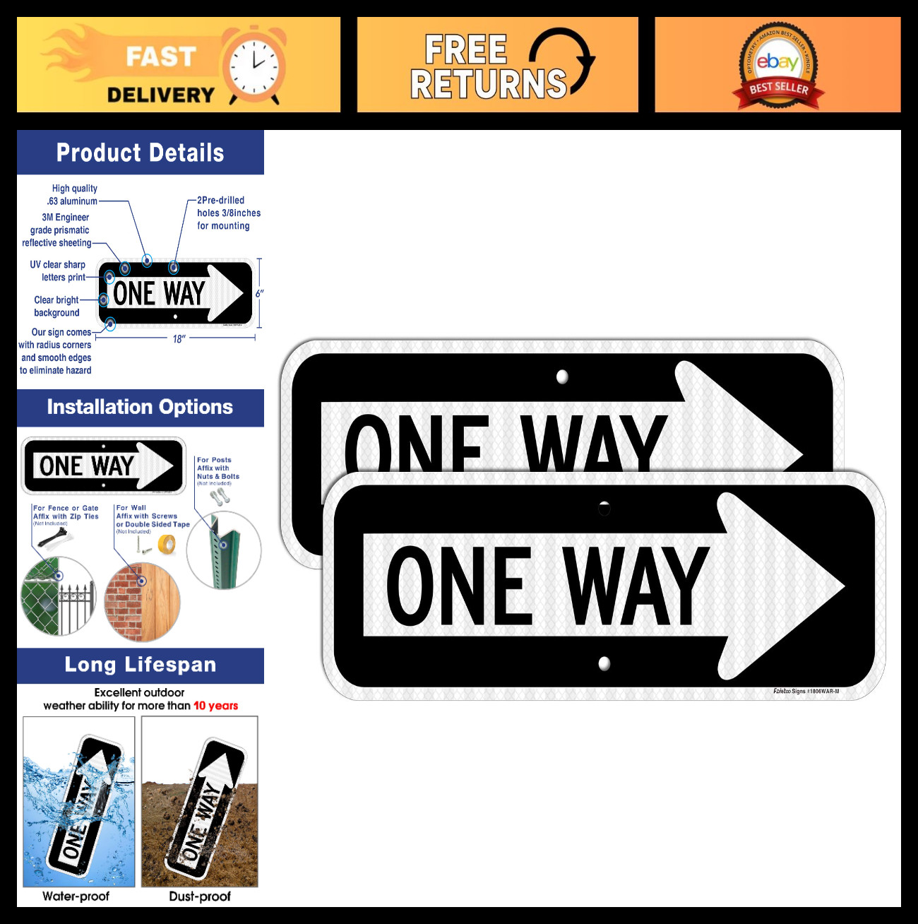 18×6 Reflective One Way Sign with Right Arrow – Rust-Free Aluminum, UV Protected