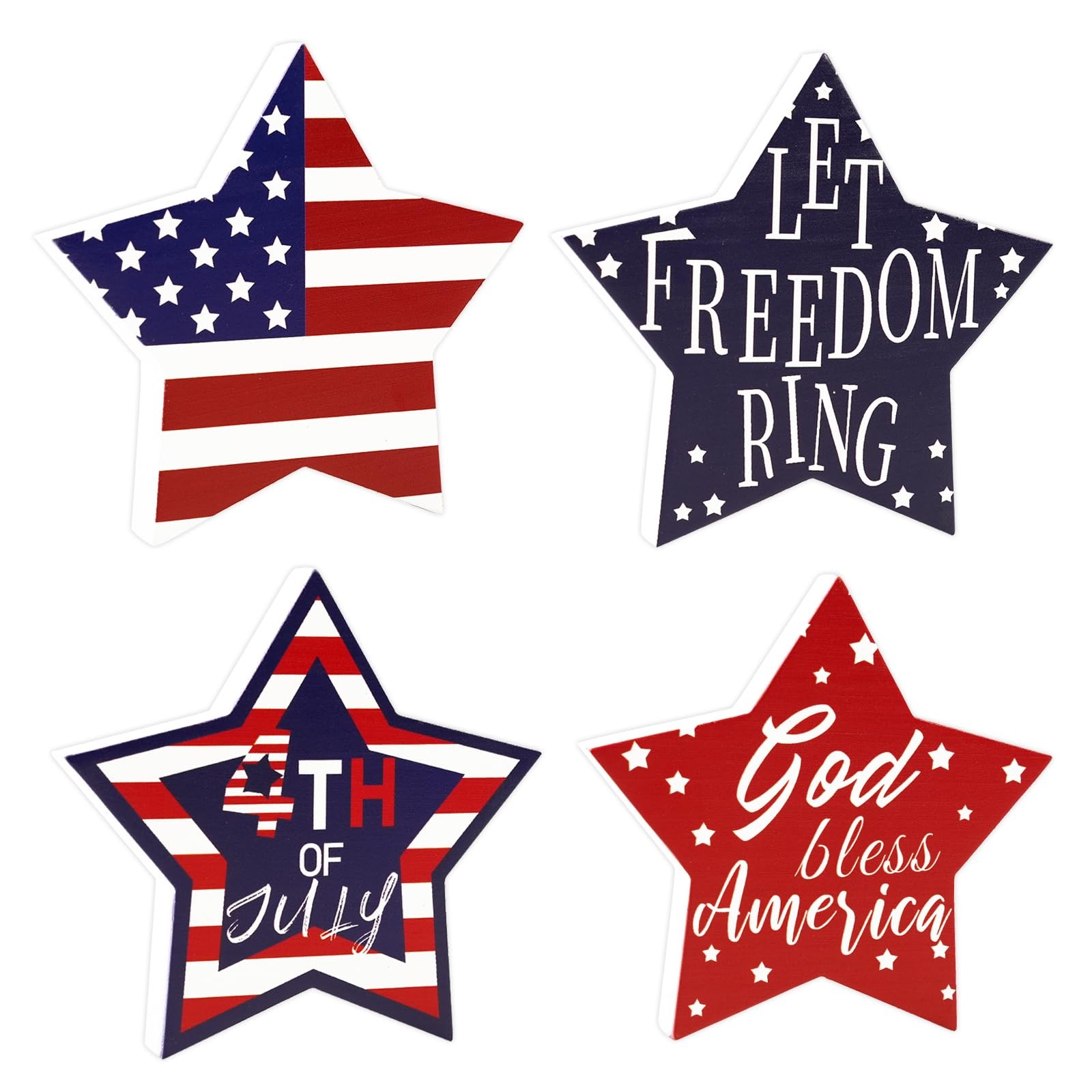4th of July Decorations, 4 Pcs Wooden Star Signs Patriotic Wood Star Standing…