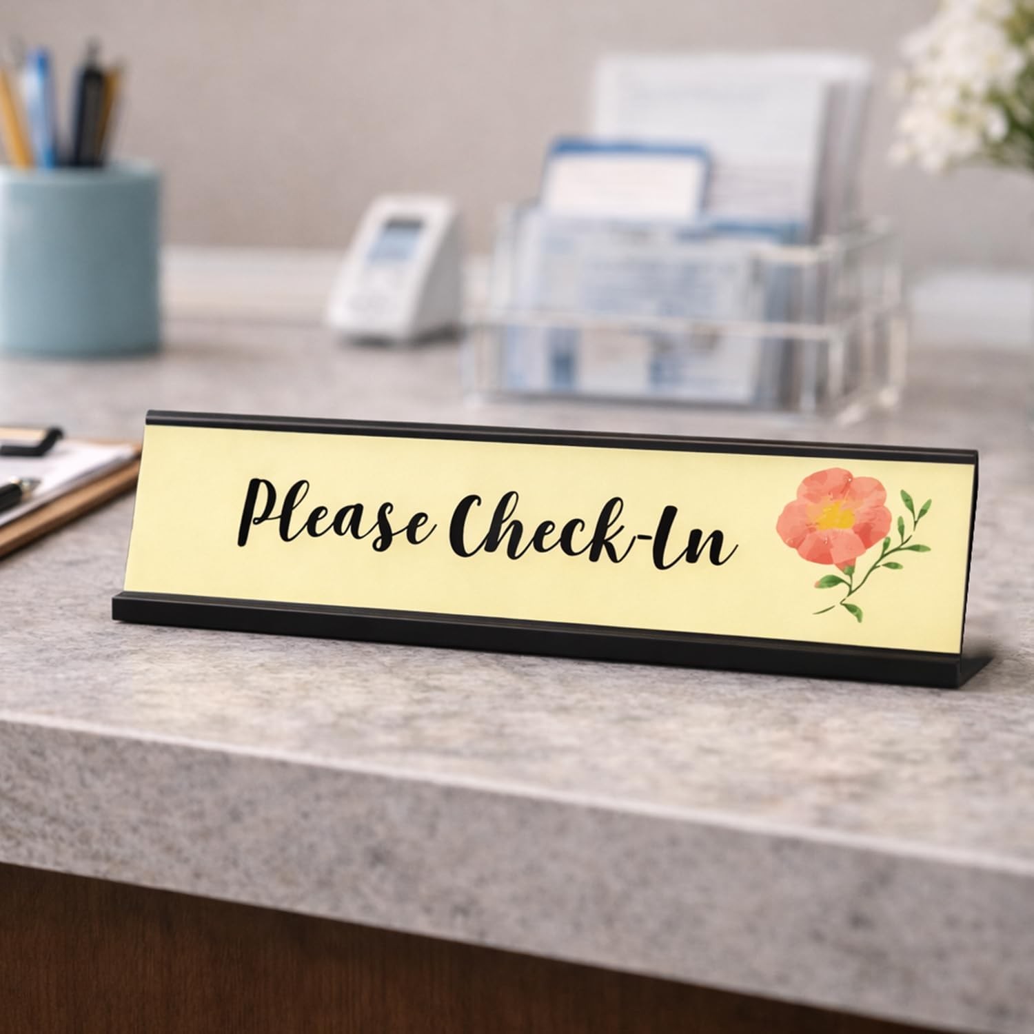 Please CheckIn Designer Desk Sign 2×8 Inch Office Counter Display Plaque