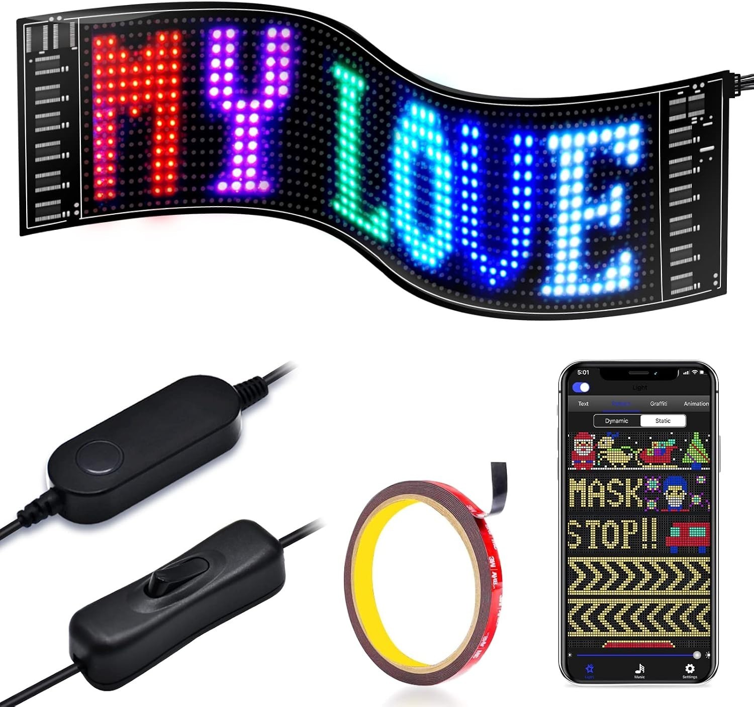 Scrolling LED Sign for Car, Flexible RGB Color, Bluetooth“