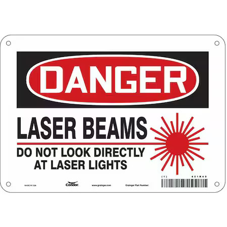 Condor 451R49 Laser Warning Sign, 7 In H, 10 In W, Aluminum, Vertical