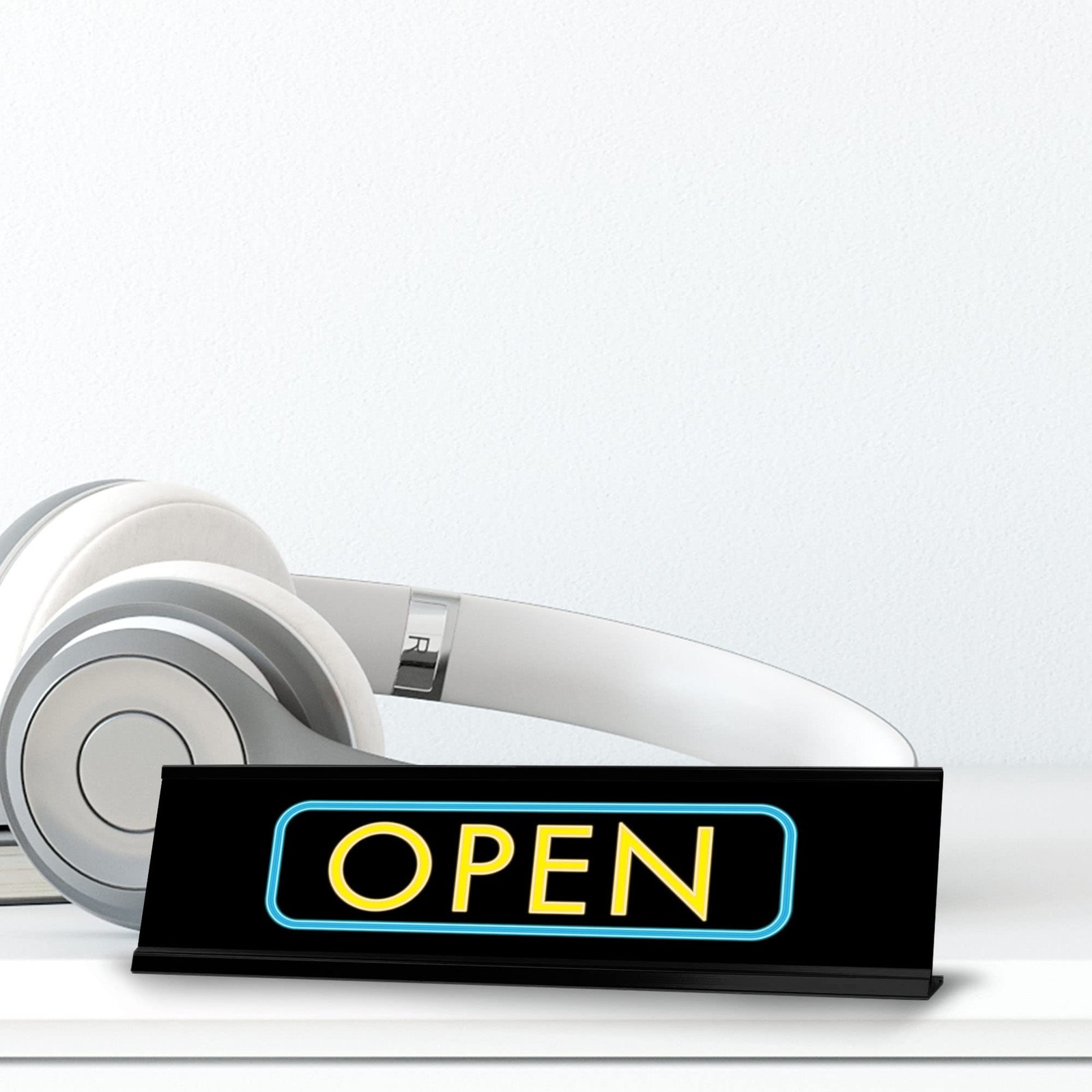 Open, Black Frame, Desk Sign (2×8″)