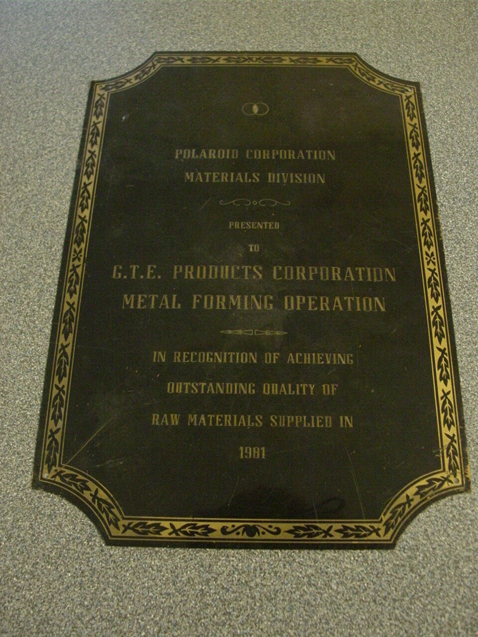 Polaroid Film Corporation Material Division Brass Sign Award GTE Products 1981